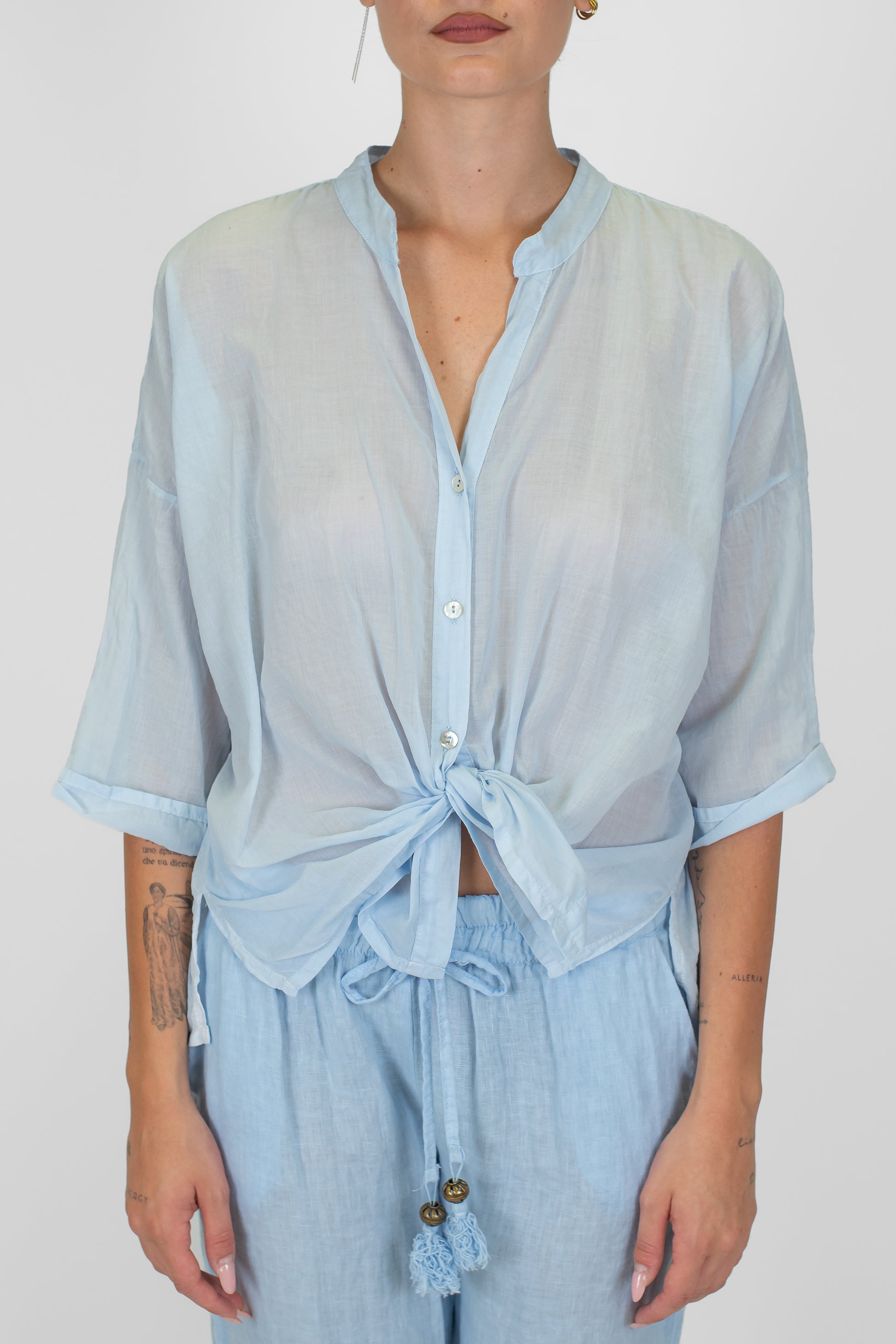 Haveone - Camicia in mussola di cotone con collo coreano e manica tre quarti