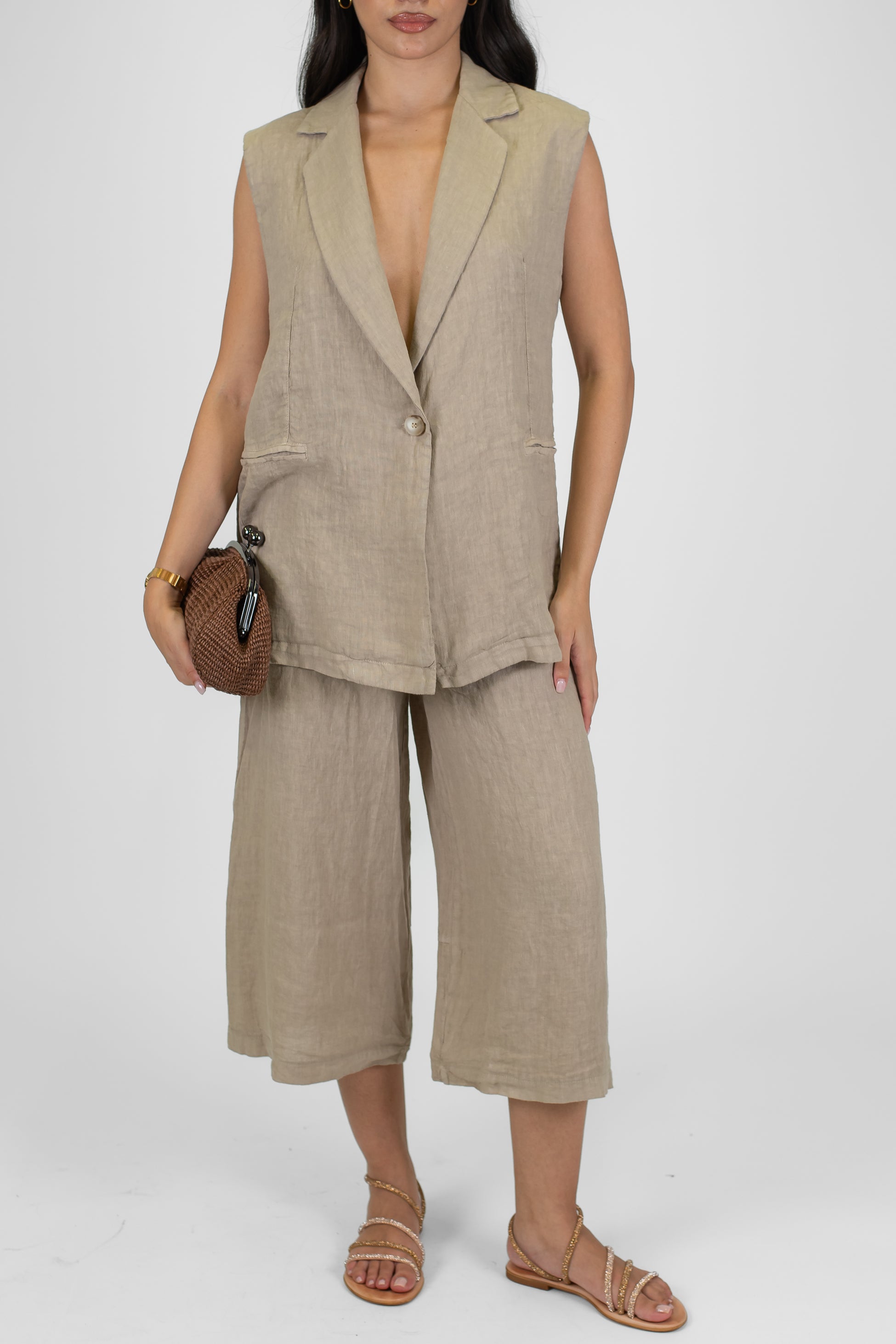 Haveone - Pantalone crop a gamba ampia in puro lino con elastico sul retro