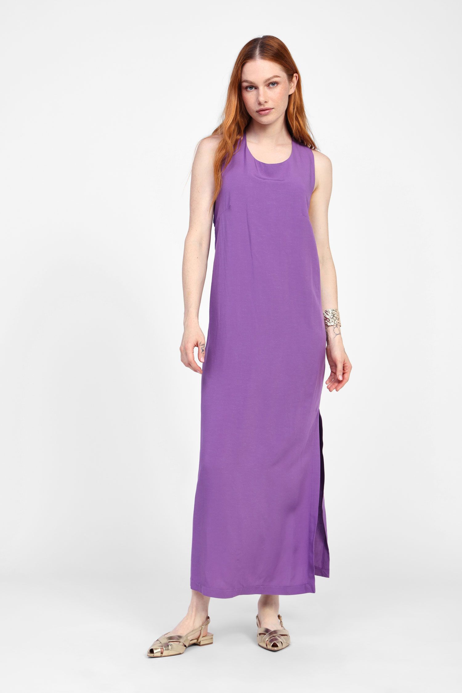 Dixie - Abito lungo giromaniche in misto viscosa e lino con scollo sul retro e treccia