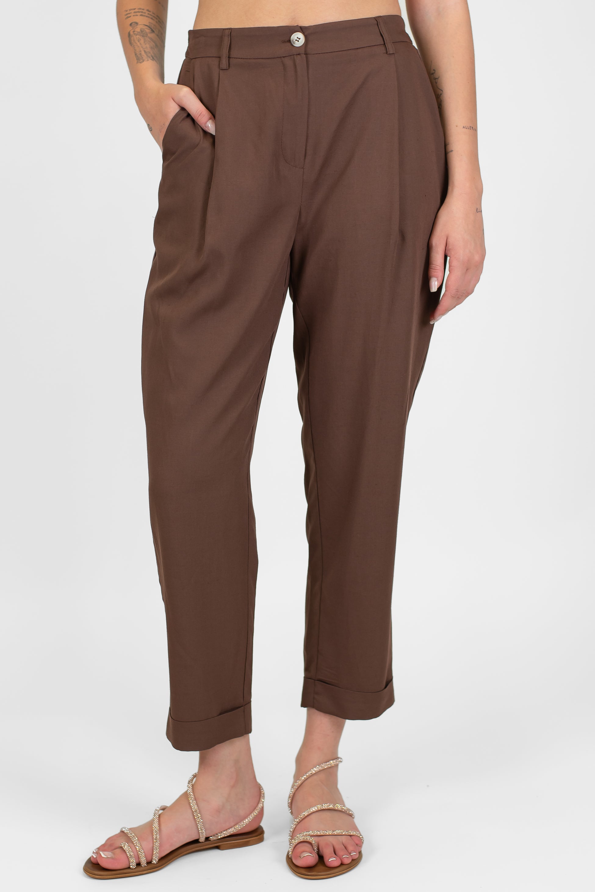 Motel - Coordinato camicia e pantalone in misto lino con elastico con in vita