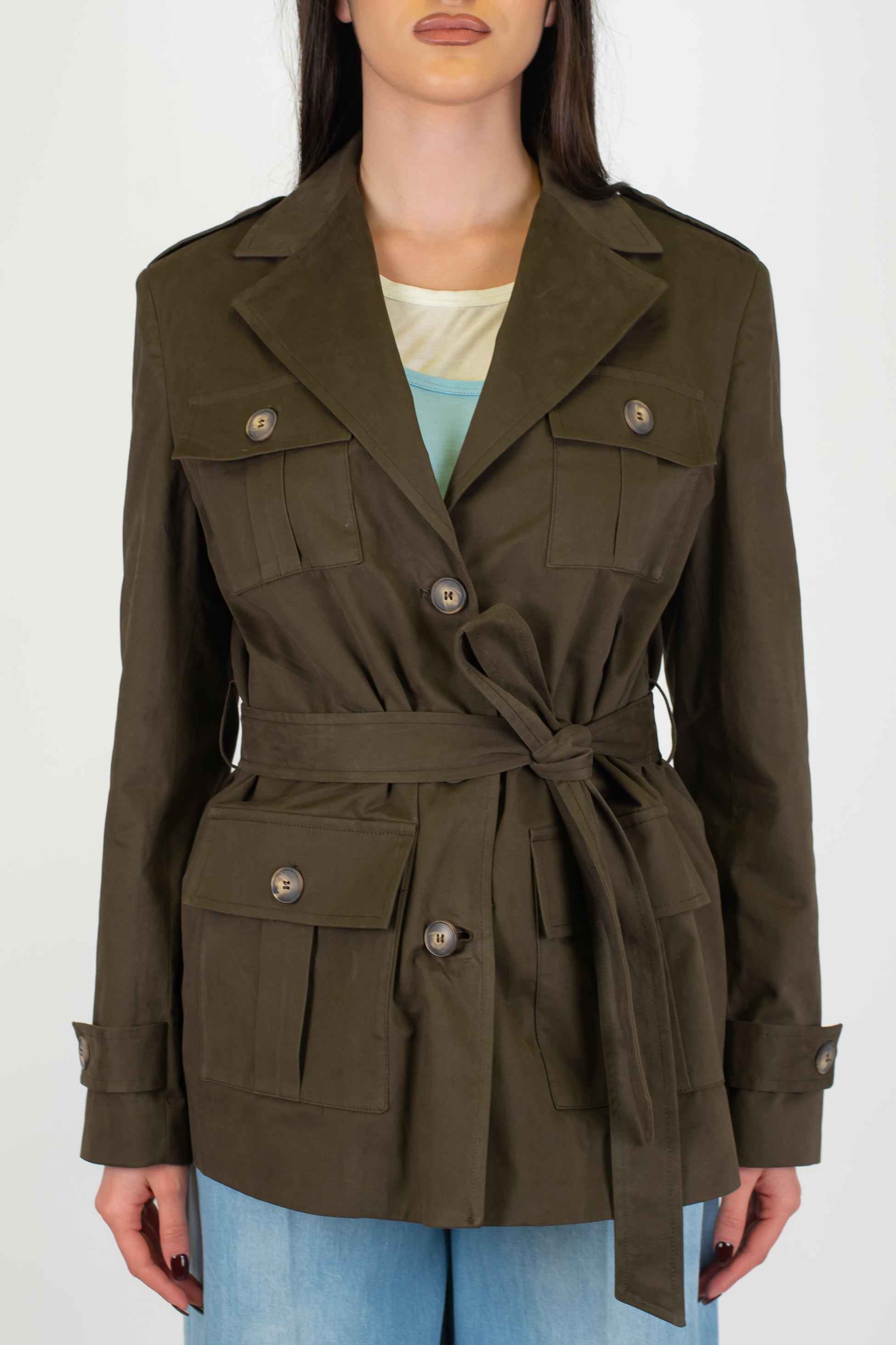 Motel - Giacca trench sahariana con tasconi e cintura in tessuto