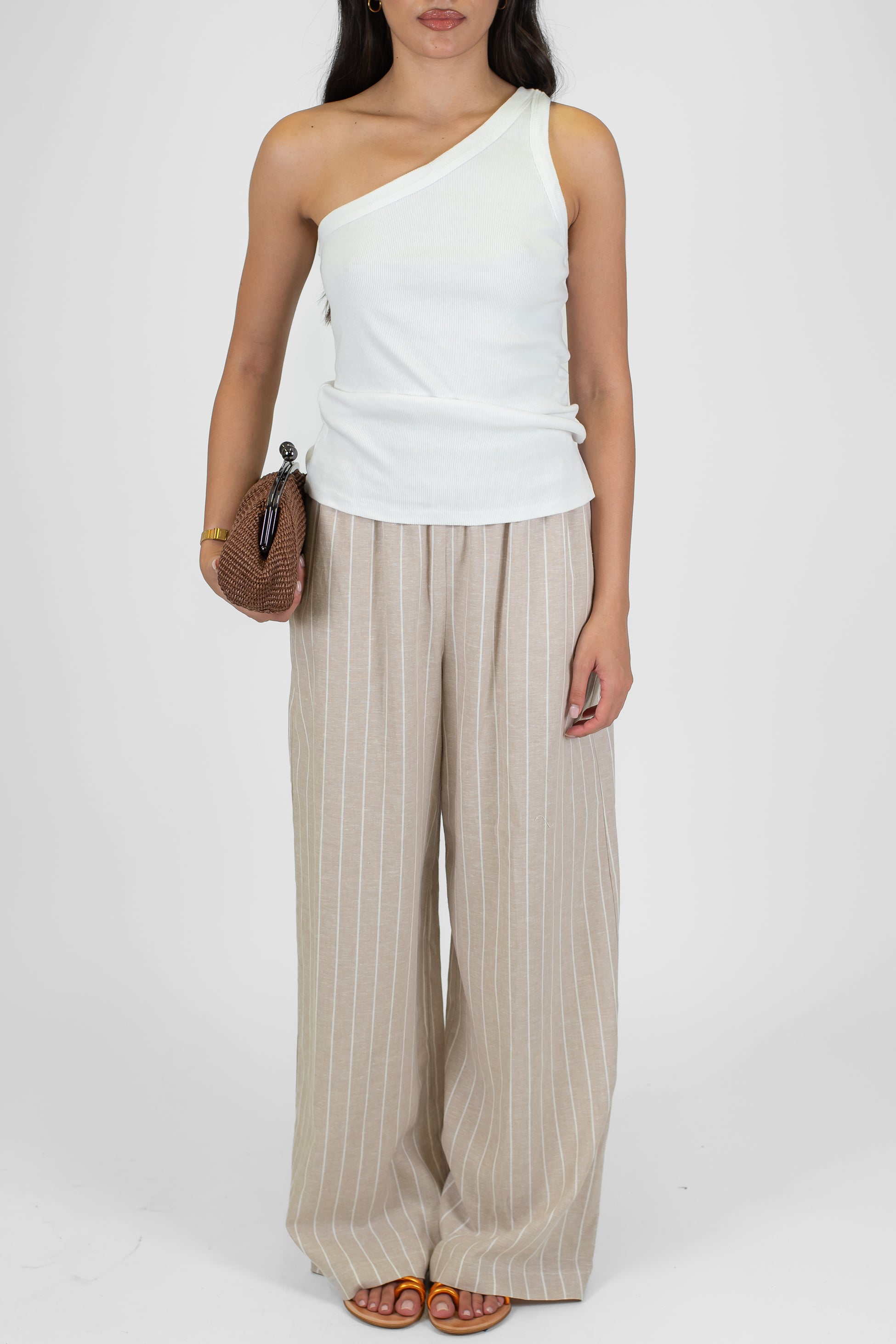 Please - Pantalone palazzo gessato con pinces ed elastico in vita