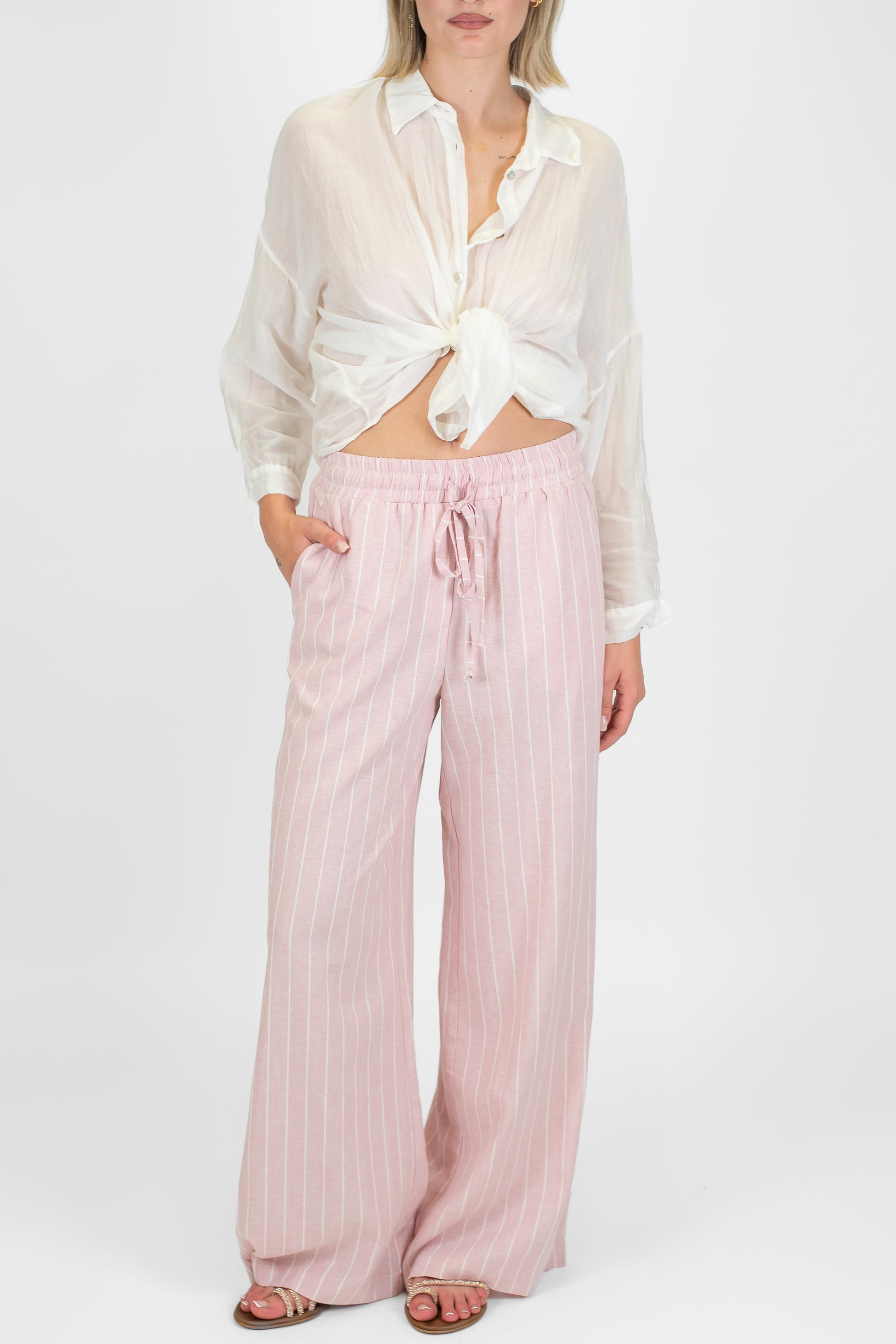 Motel - Pantalone palazzo gessato in misto lino con coulisse