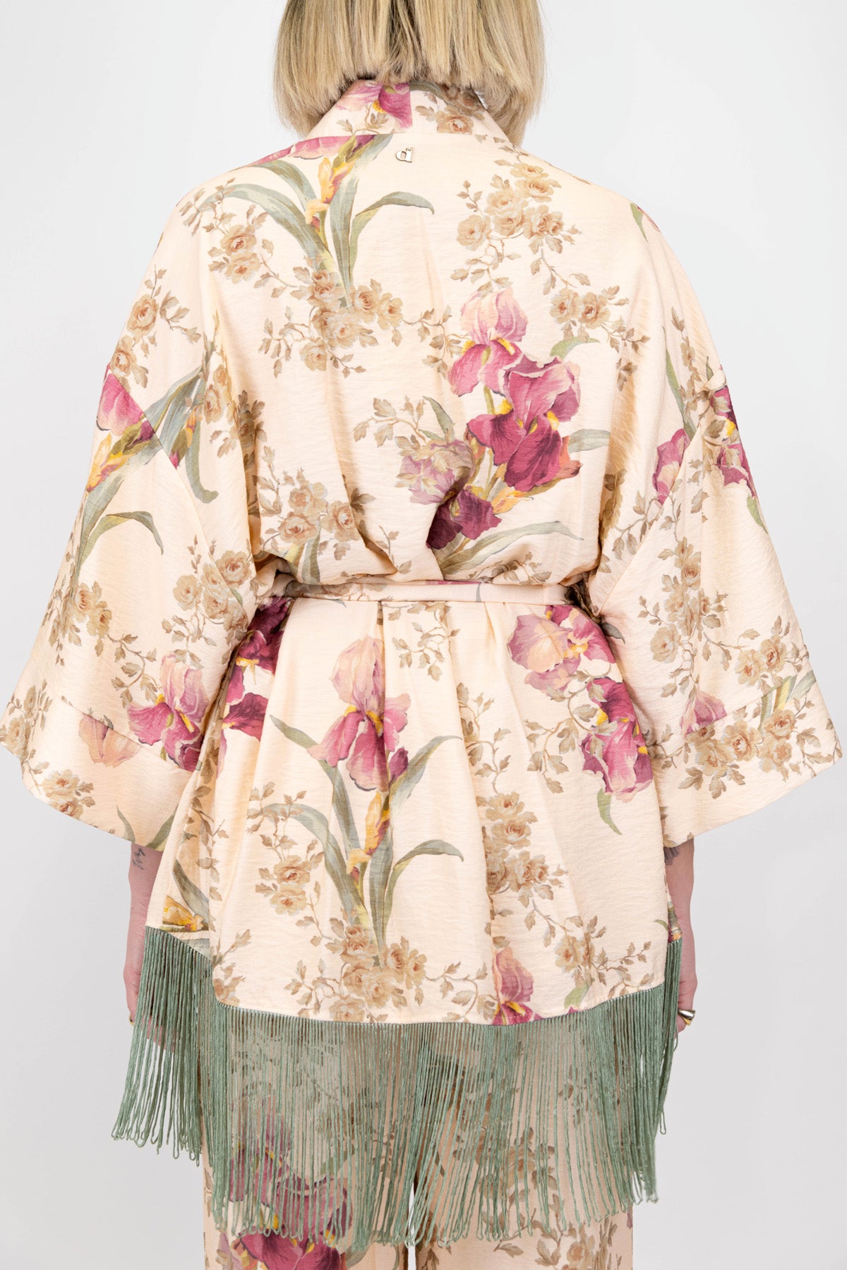Dixie - Giacca kimono fantasia floreale con frange sul fondo