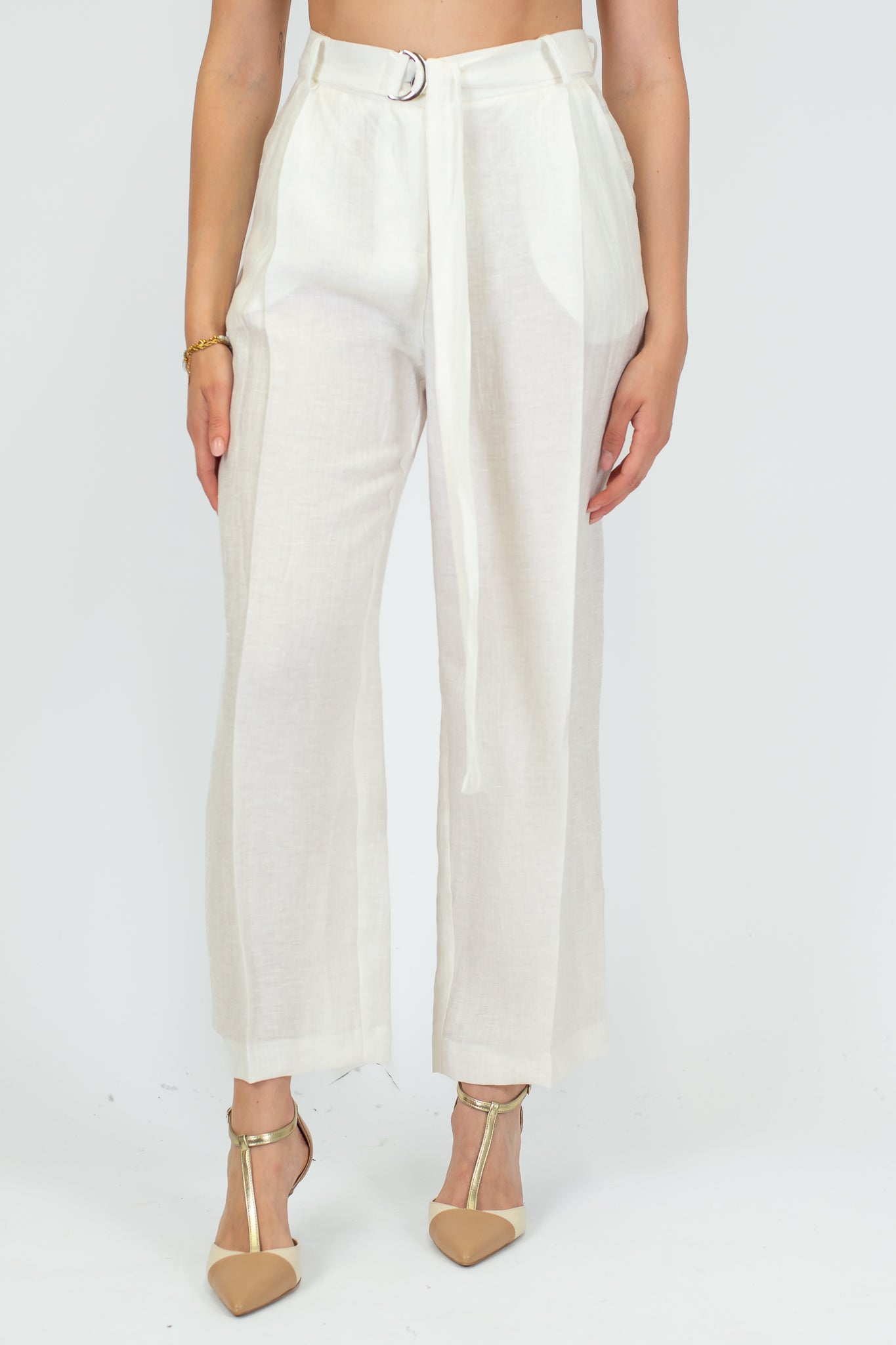 Maryley - Pantalone regular in misto lino con pinces e cintura in tessuto