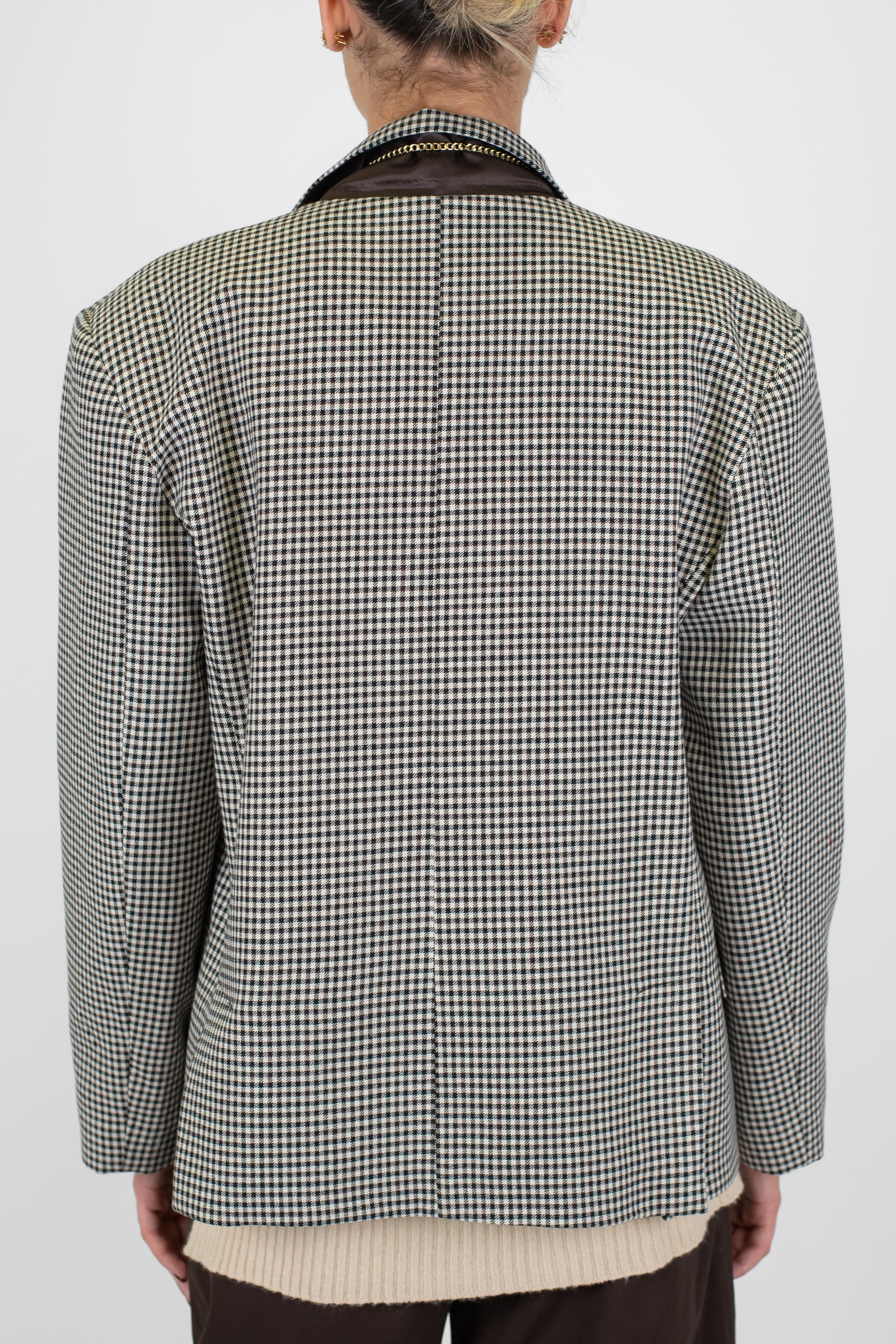 Tensione in - Giacca crop doppiopetto fantasia quadretti con guanti