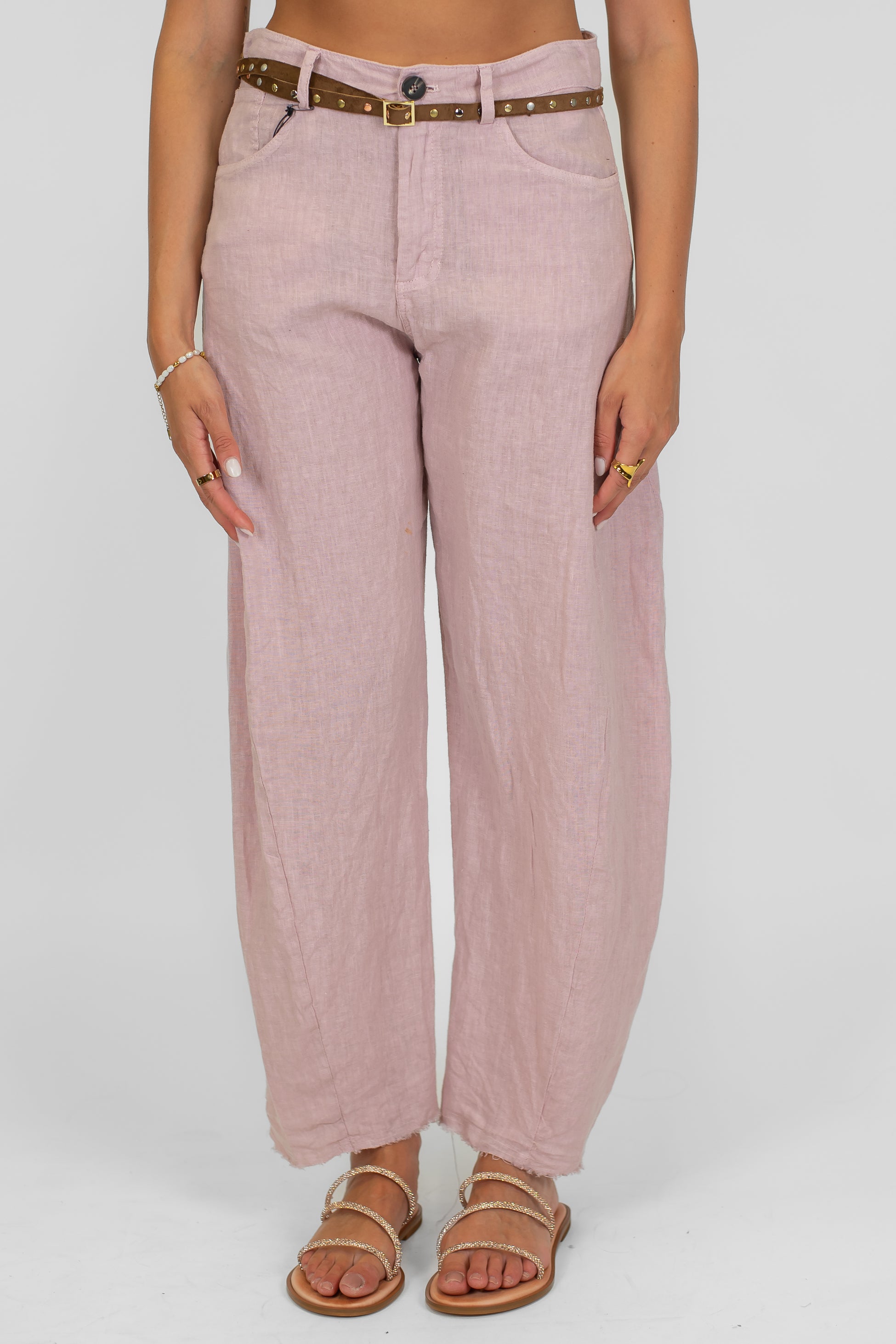 Tensione in - Pantalone balloon 100% lino sfrangiato sotto