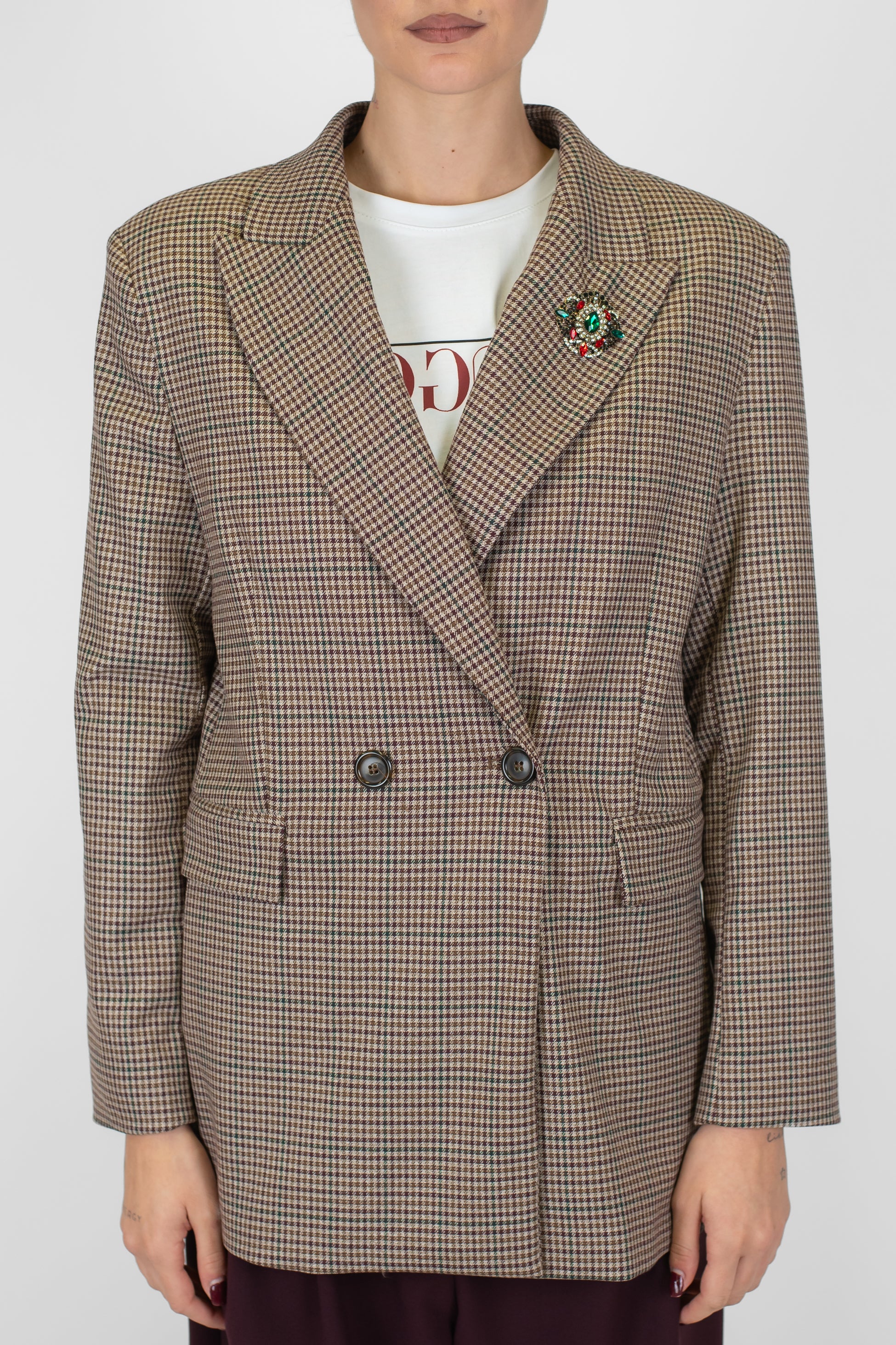 Maryley - Giacca doppiopetto microfantasia pied de poule con spilla