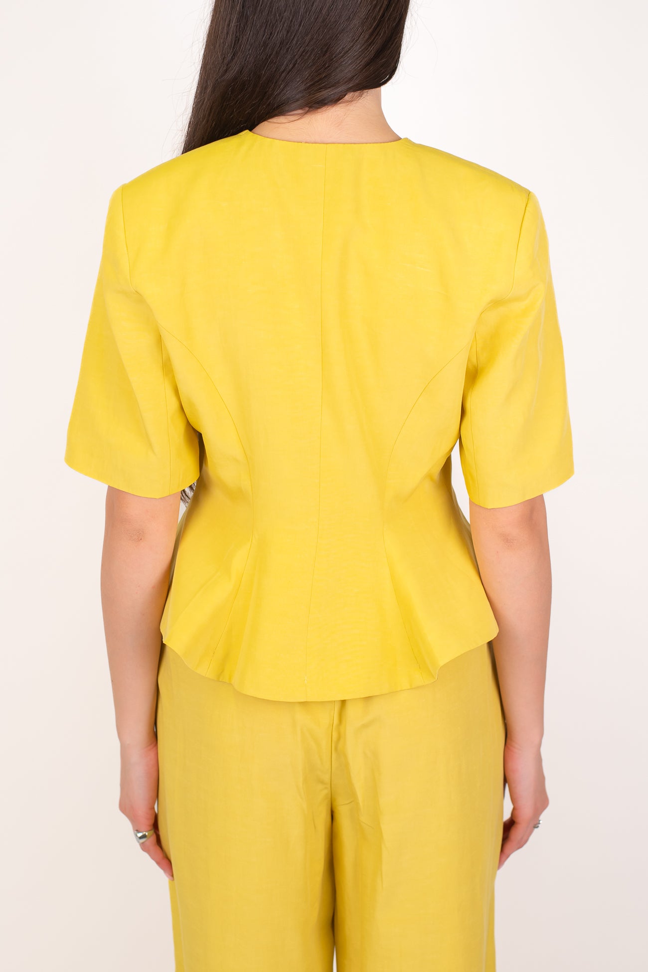 Motel - Coordinato in tencel con giacca girocollo mezzamanica e pantalone palazzo con elastico sul retro
