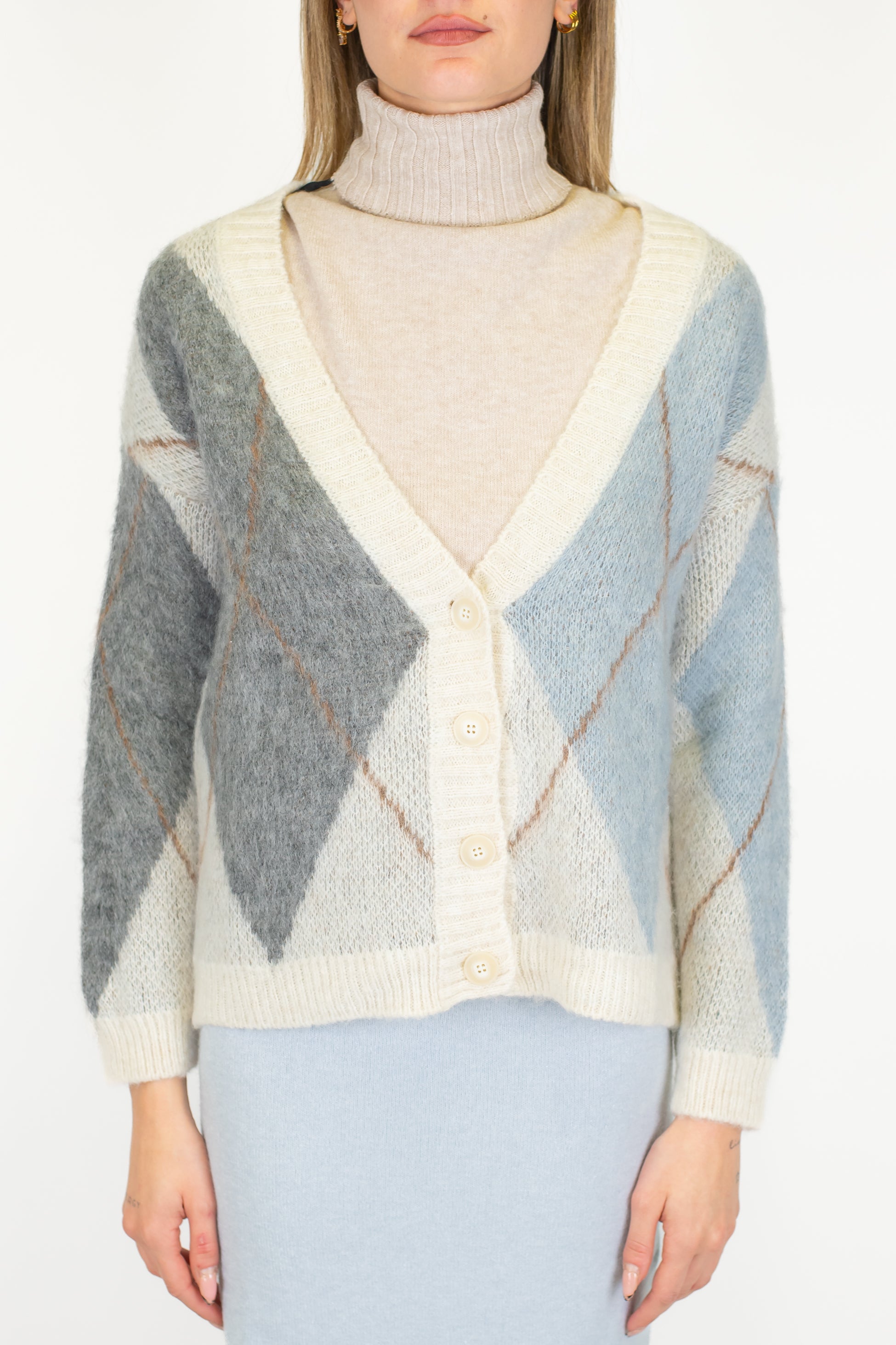 Dixie - Cardigan fantasia rombi a contrasto in misto lana