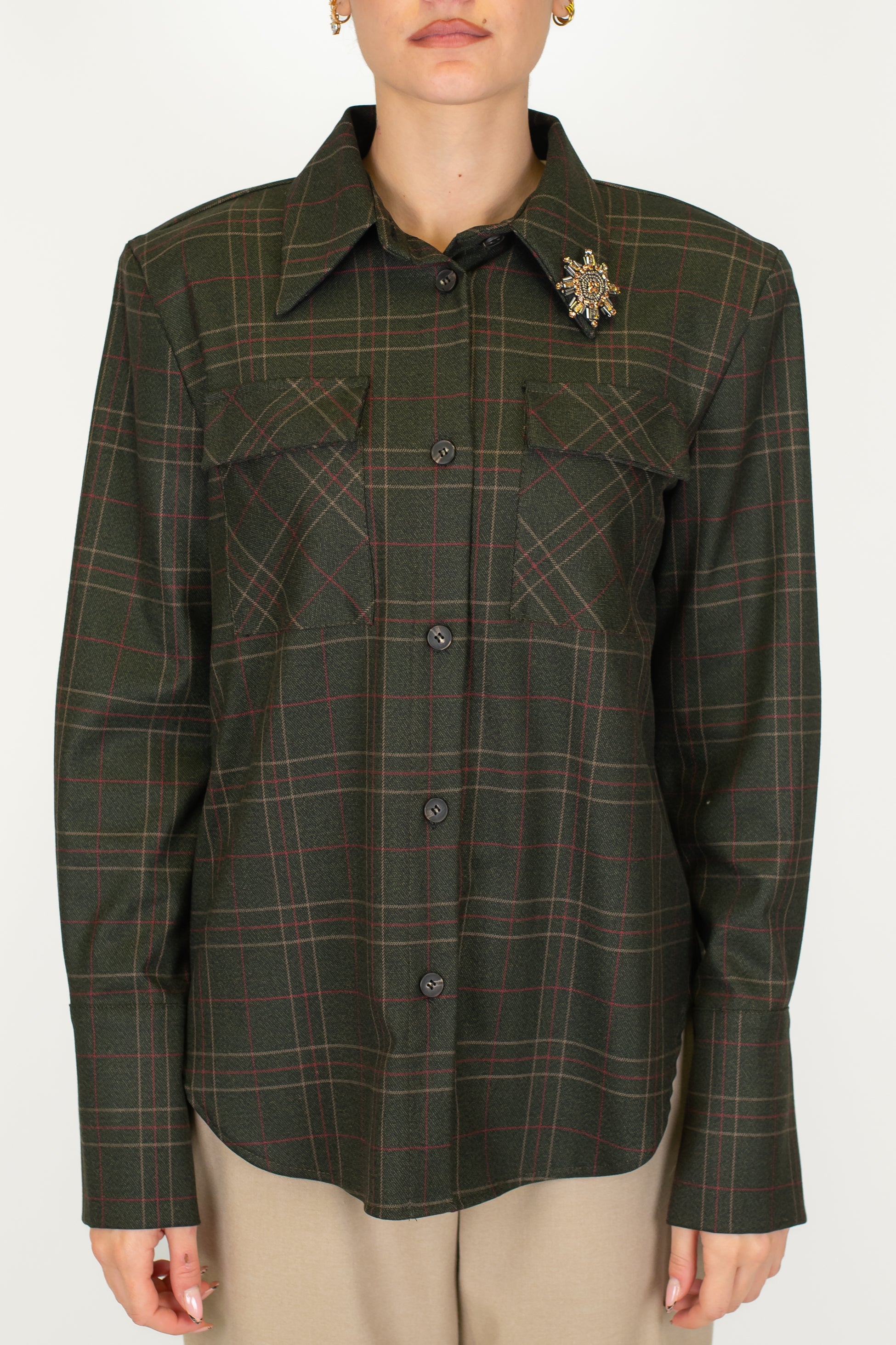 Motel - Camicia fantasia check con spalline e spilla