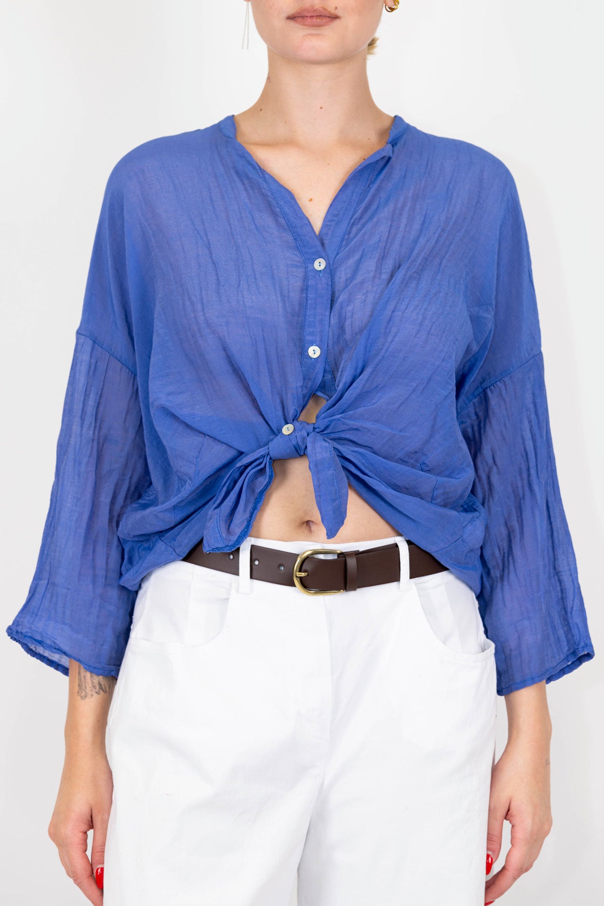 Tensione in - Camicia tinta unita in misto seta con collo coreano