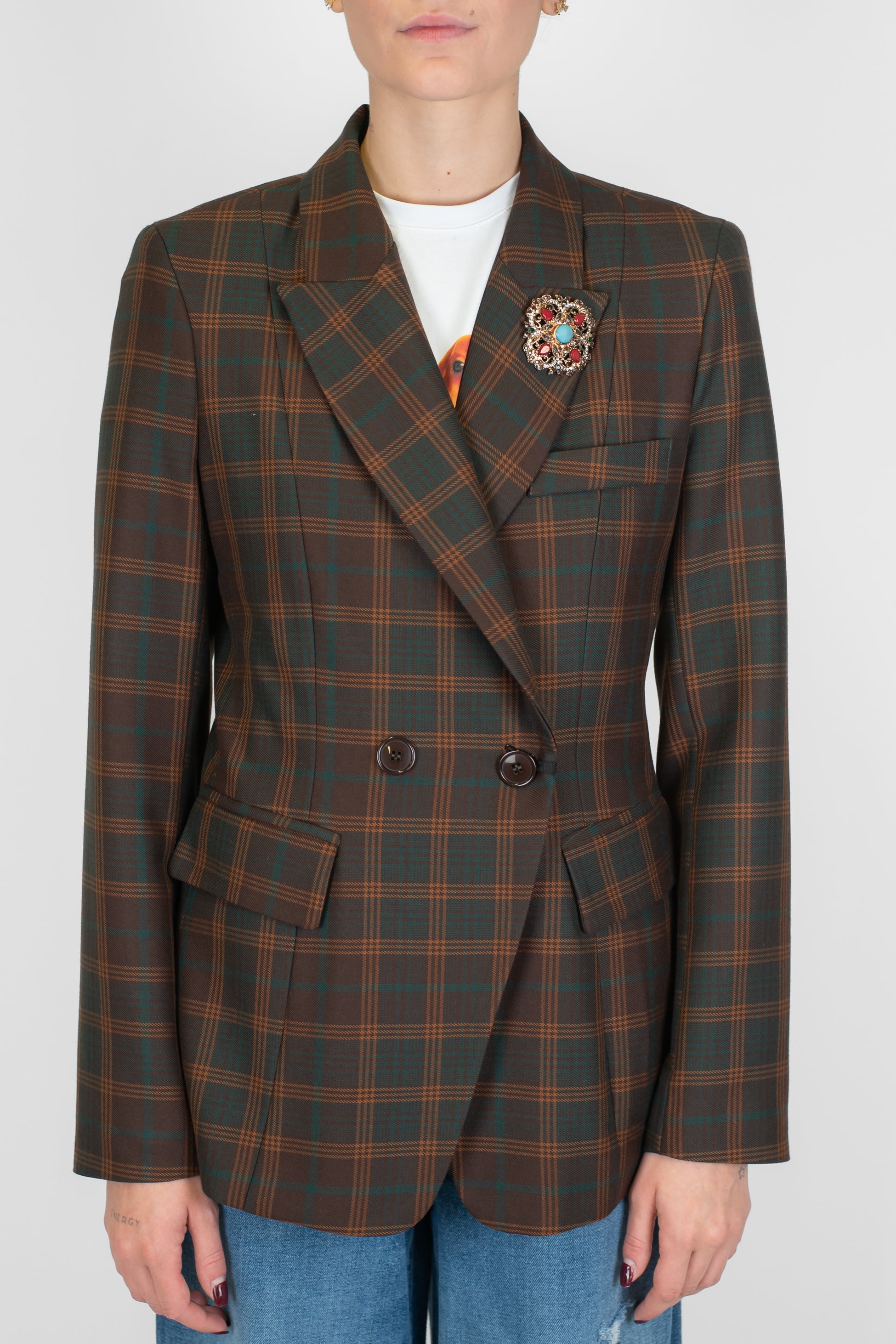 Maryley - Giacca doppiopetto fantasia check con spilla