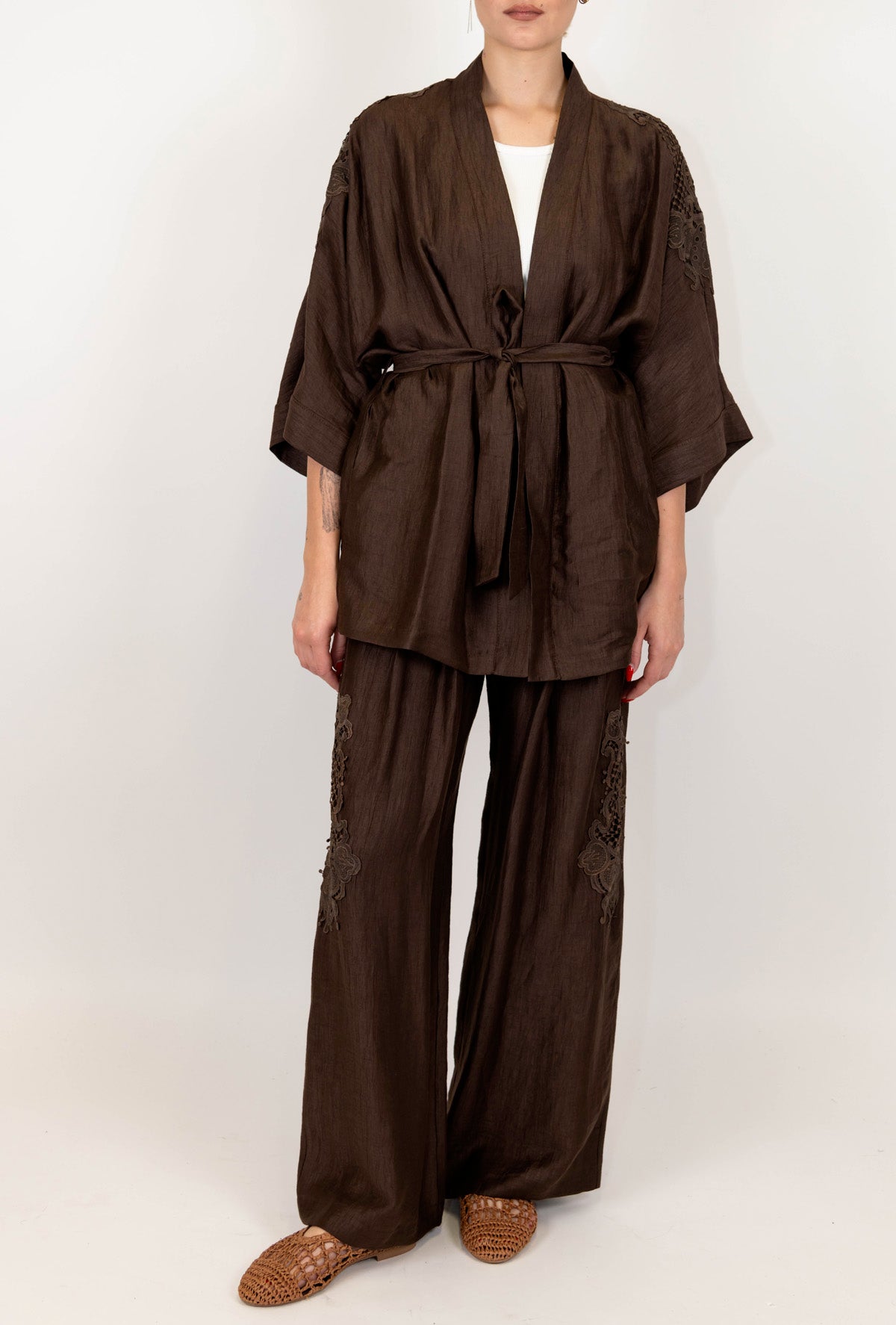 Maryley - Pantalone palazzo in lino con ricami ed elastico in vita