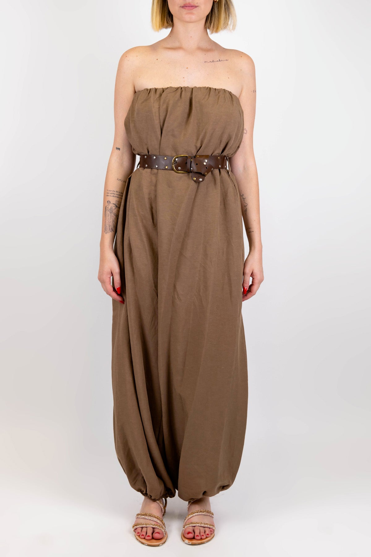 Tensione in - Tuta a fascia in misto lino con elastico alla caviglia