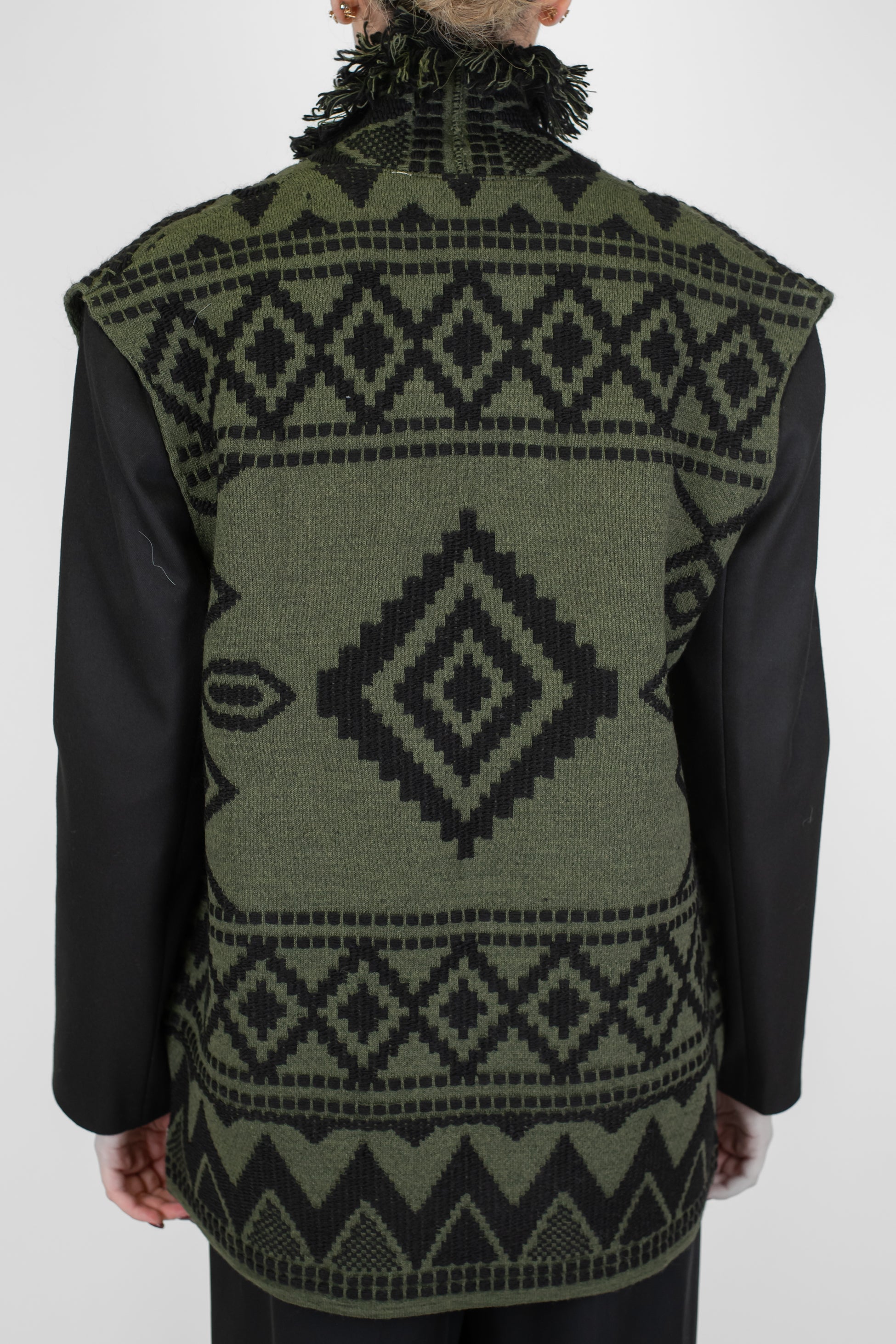 Motel - Gilet lungo aperto fantasia etnica in misto lana con frange