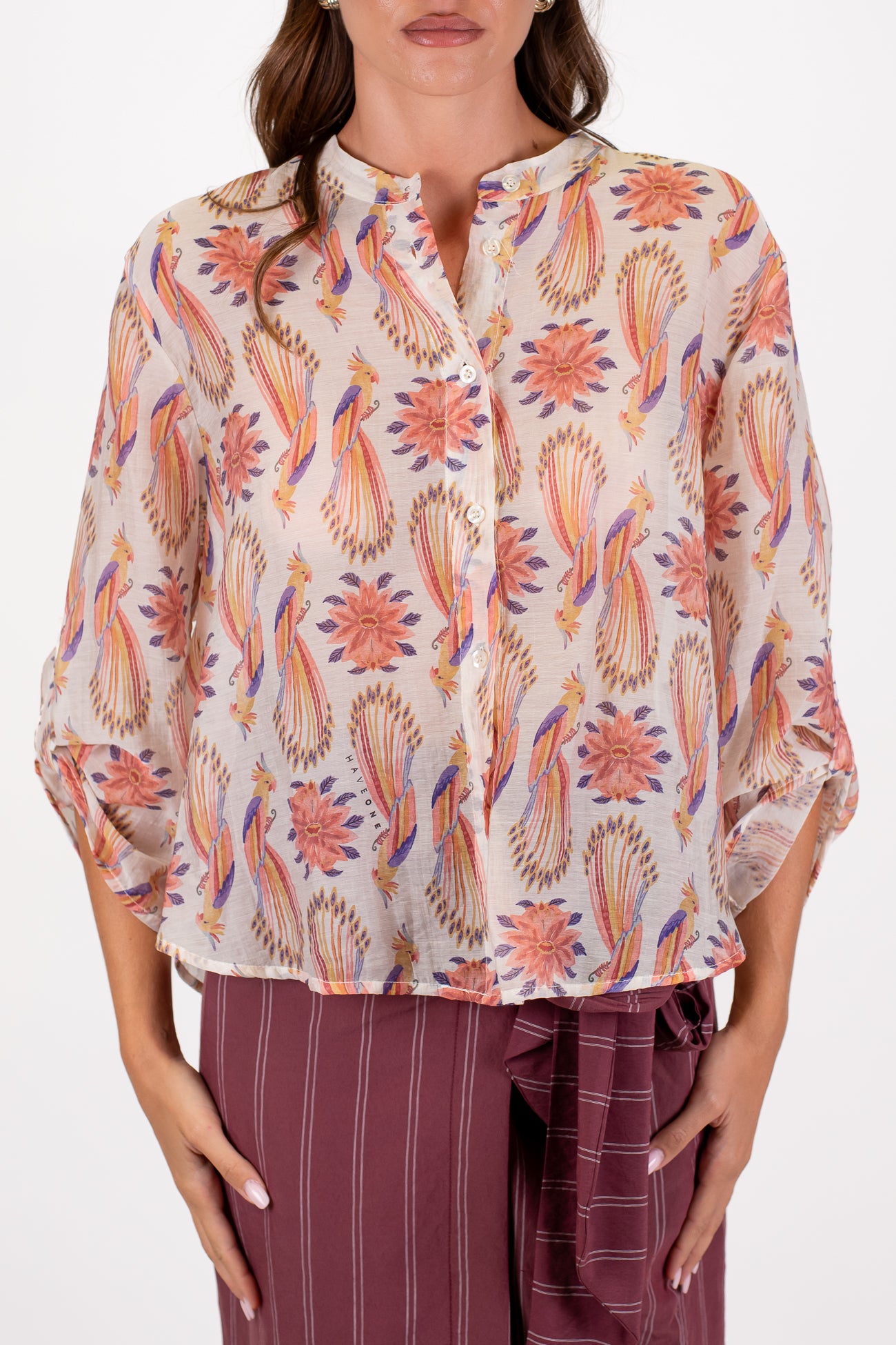 Haveone - Camicia fantasia pappagalli e fiori in lyocell