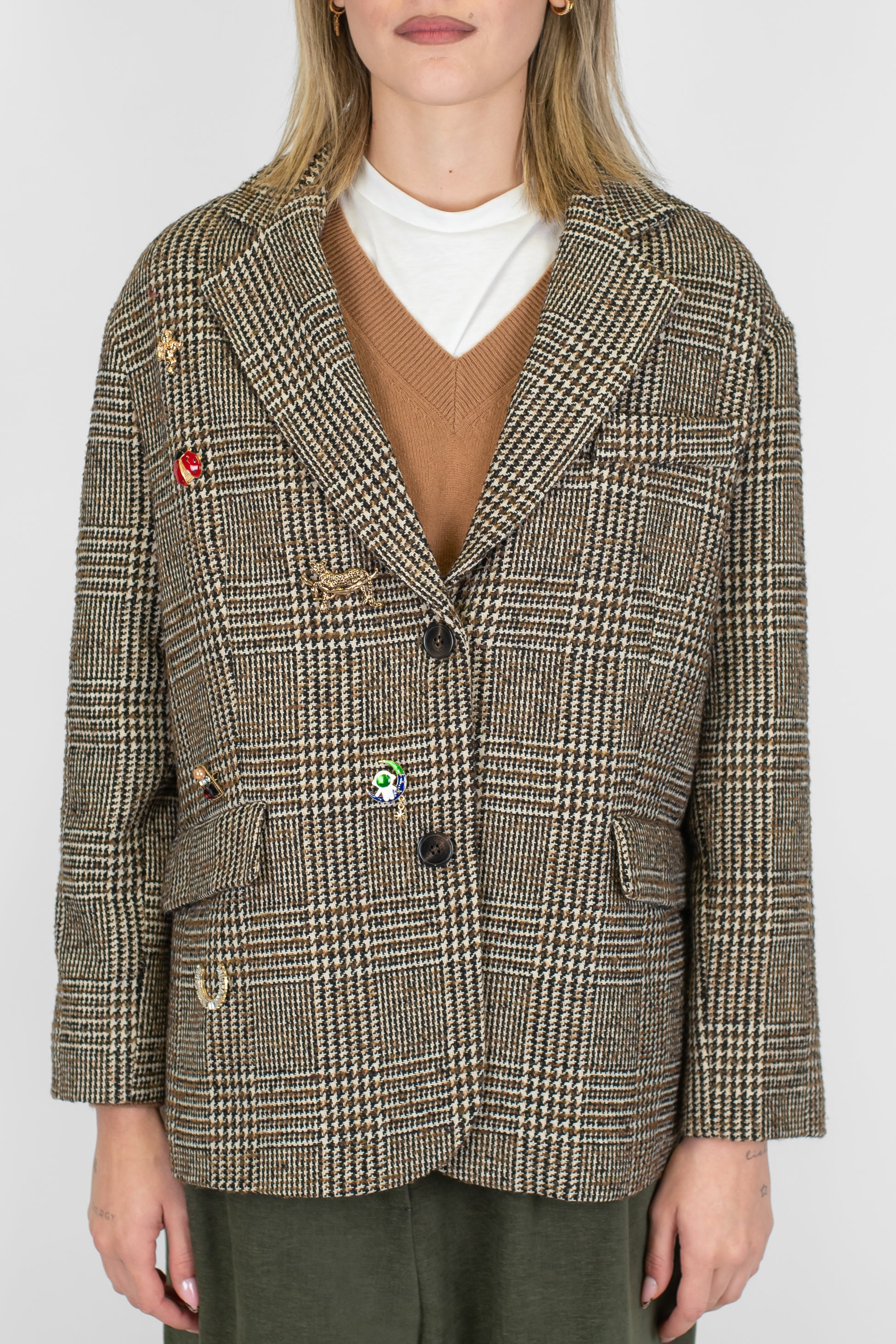 Tensione in - Giacca a scatola fantasia principe di galles in misto lana con spalline e spille