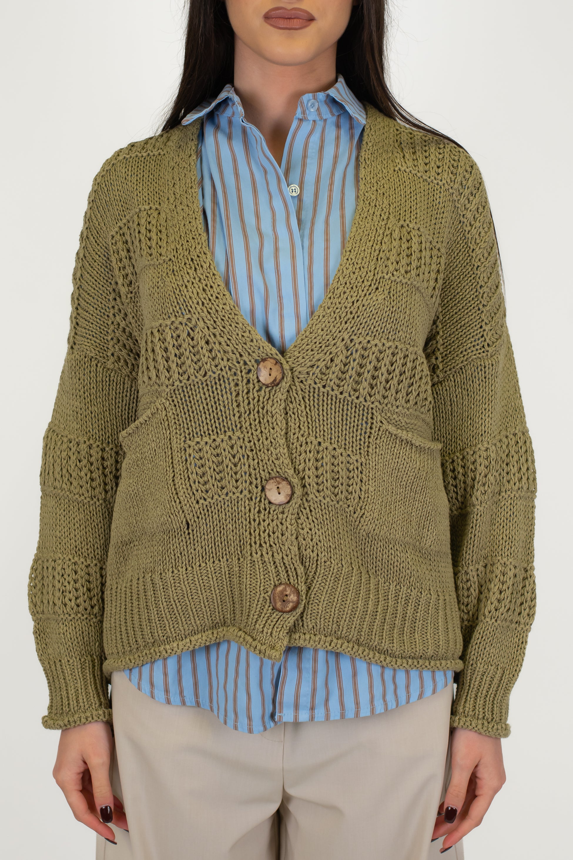 Haveone - Cardigan tre bottoni in filato leggero con bande in rilievo