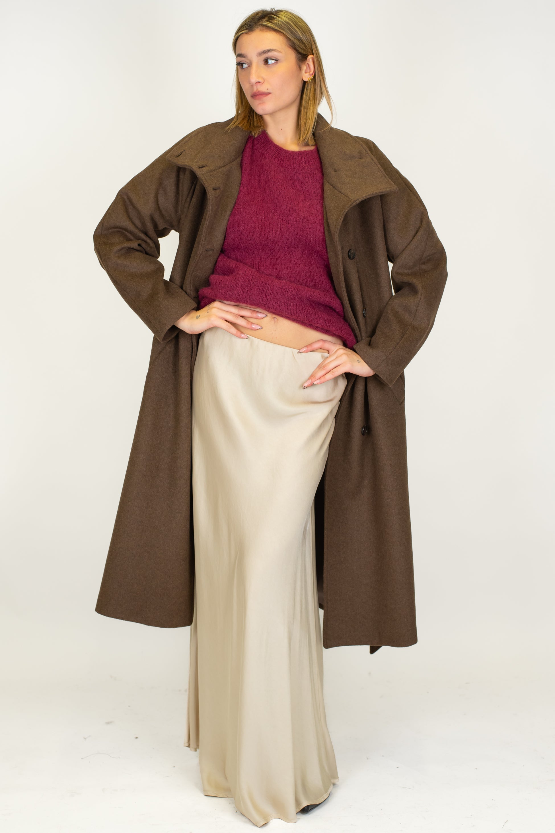 Tensione in - Cappotto lungo collo alto in misto lana con cintura in tessuto