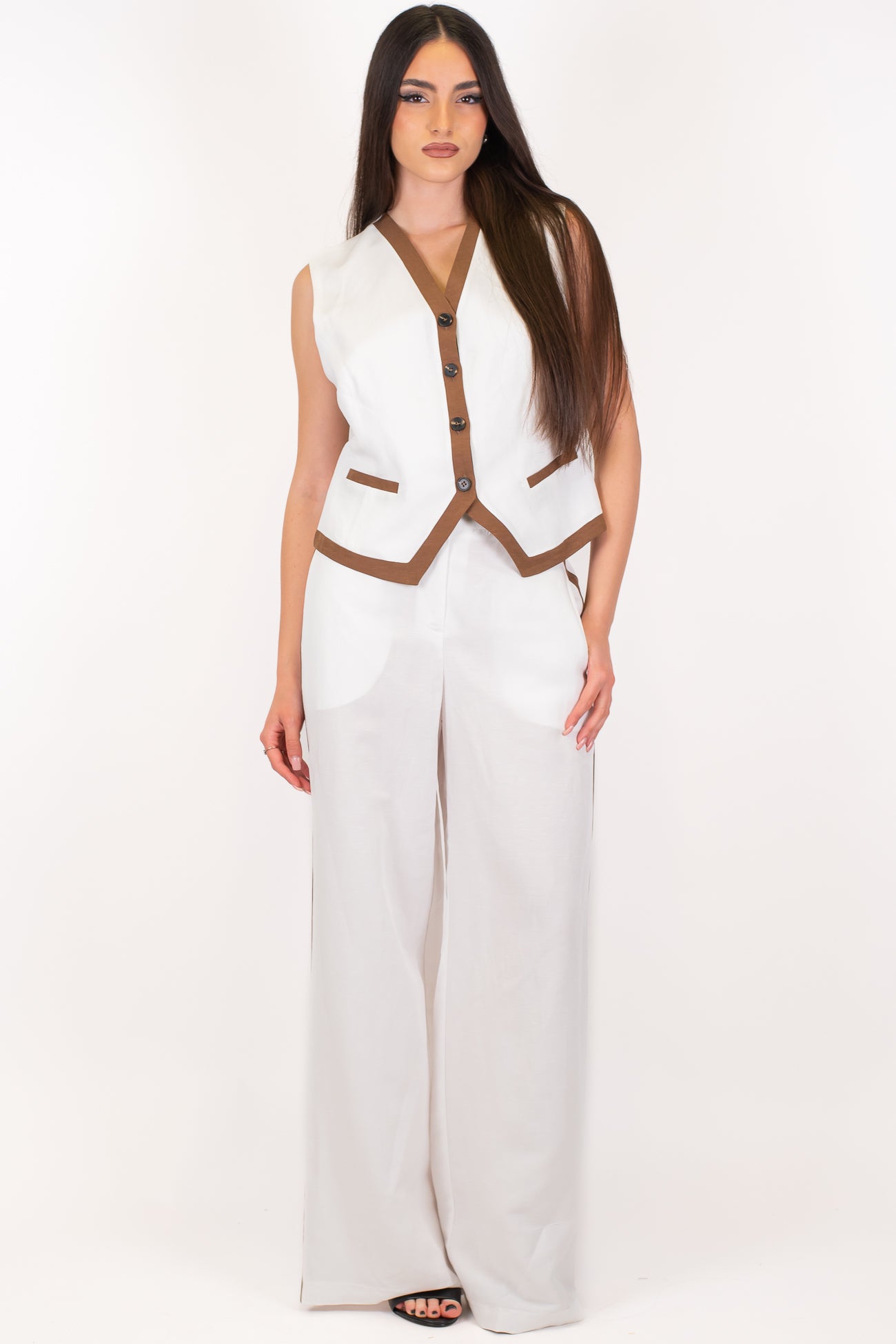 Motel - Coordinato gilet e pantalone palazzo in misto lino con elastico sul retro e banda laterale a contrasto