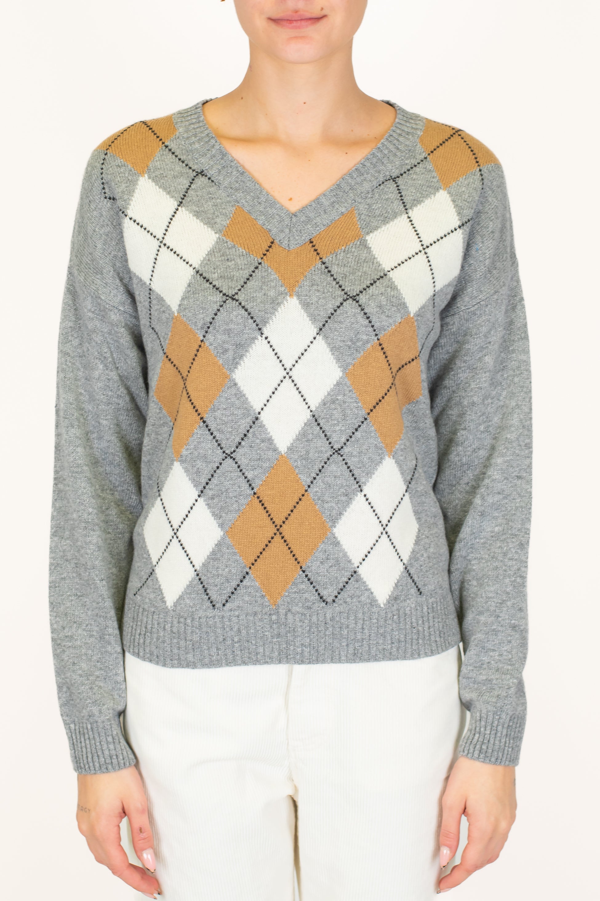 Tensione in - Maglia scollo V fantasia rombi a contrasto in misto lana e cashmere