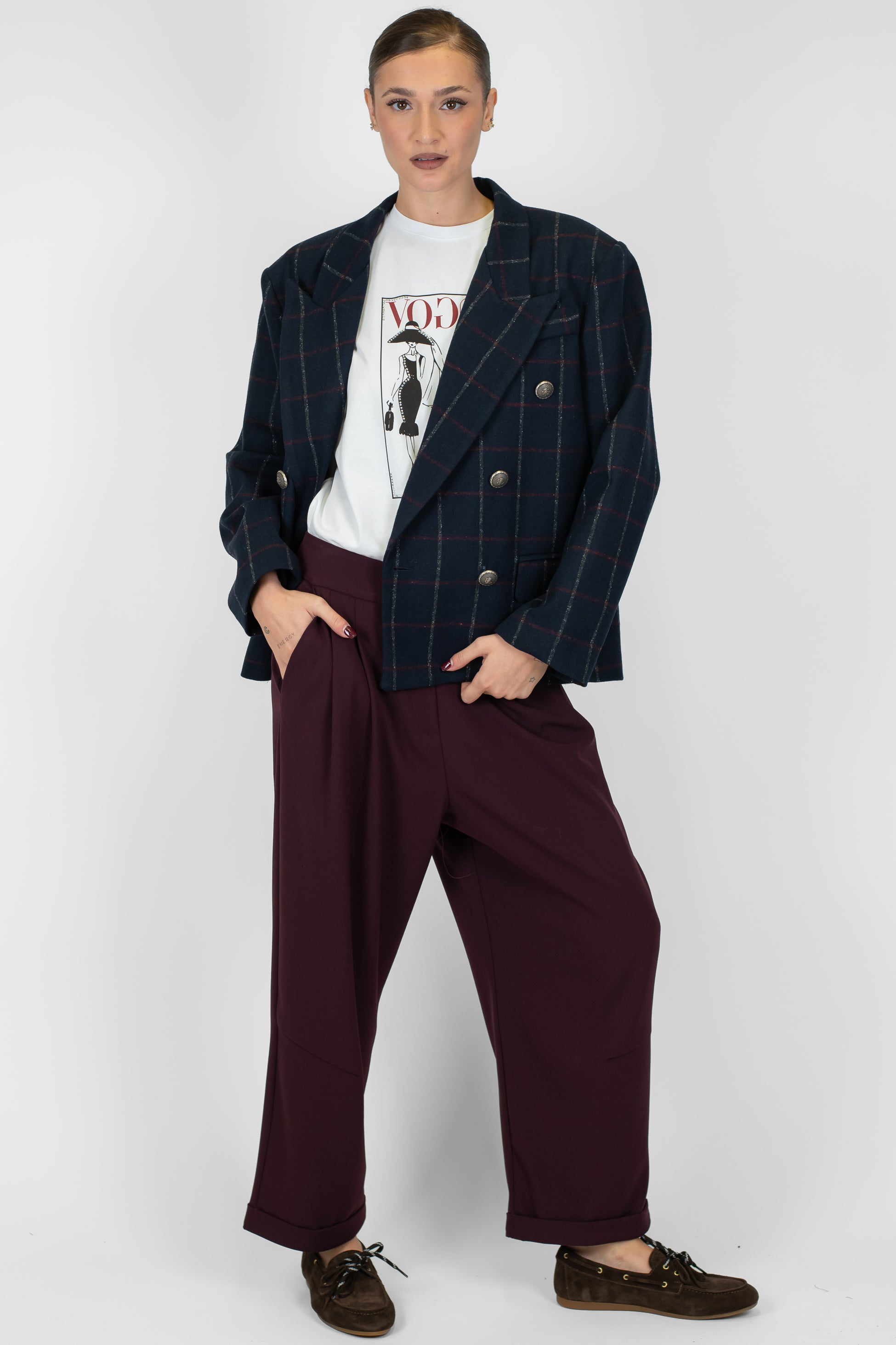 Tensione in - Giacca doppiopetto crop fantasia quadri in misto lana