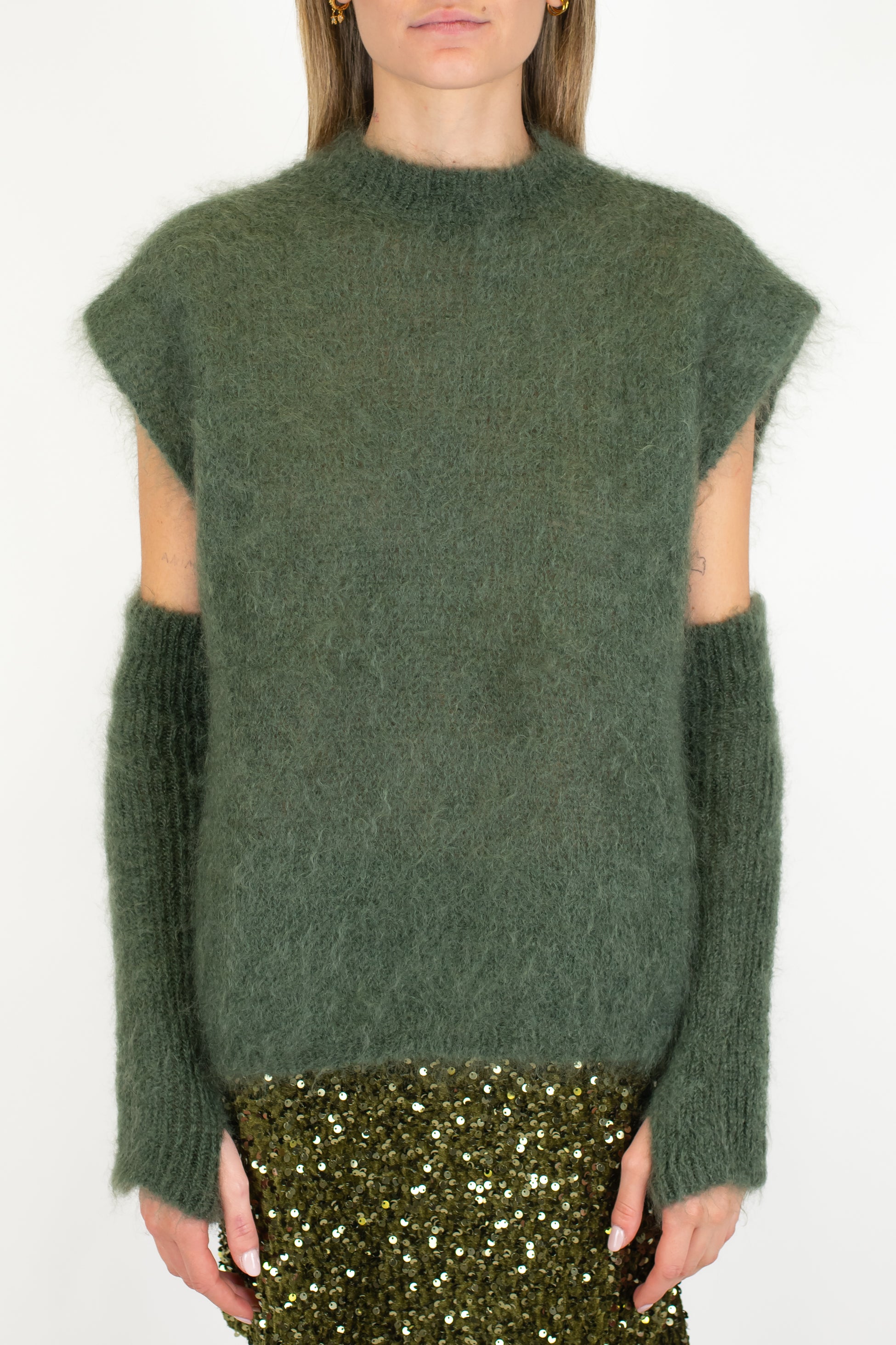 Tensione in - Maglia giromaniche in lana mohair con manicotti