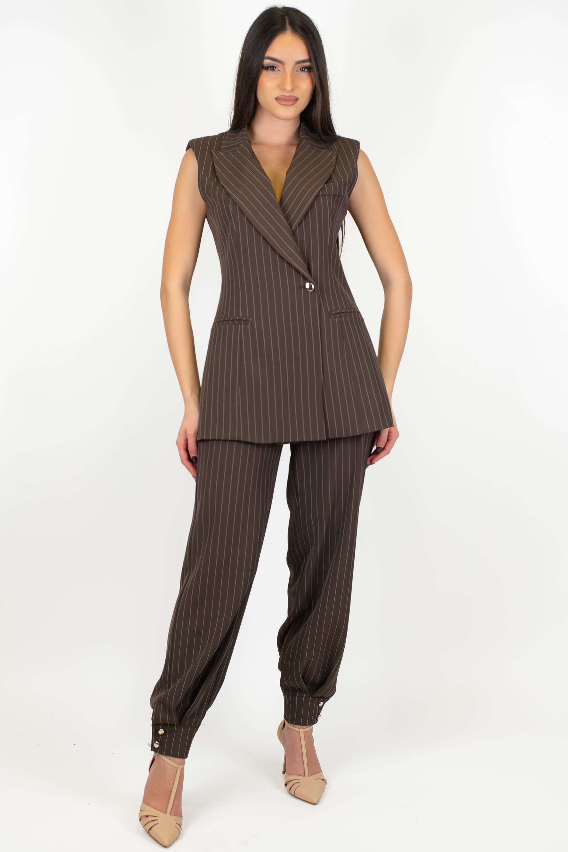 Maryley - Pantalone regular gessato con elastico sul retro e bottoni sul fondo