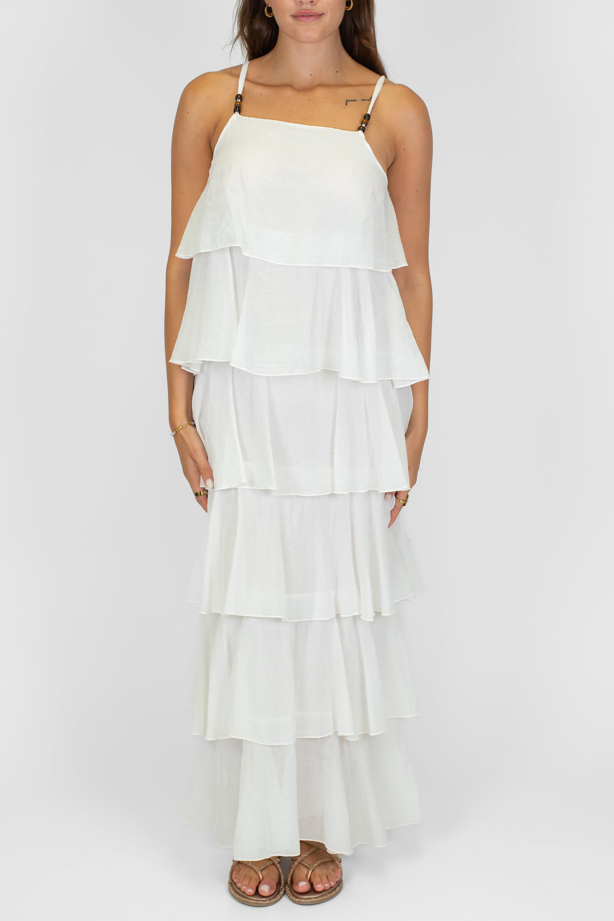 Motel - Abito lungo in mussola di cotone con bretelline e balze