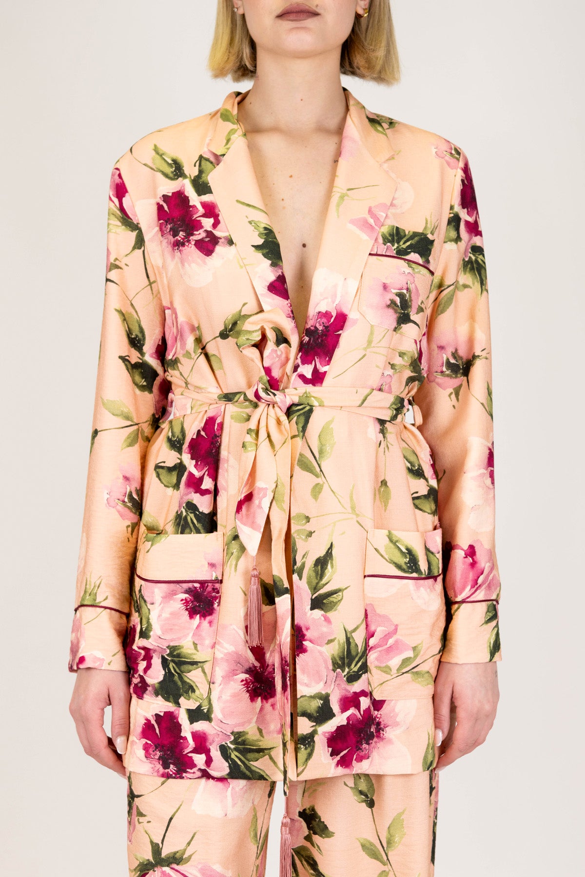 Dixie - Giacca fantasia floreale in viscosa con taschini e cintura in tessuto