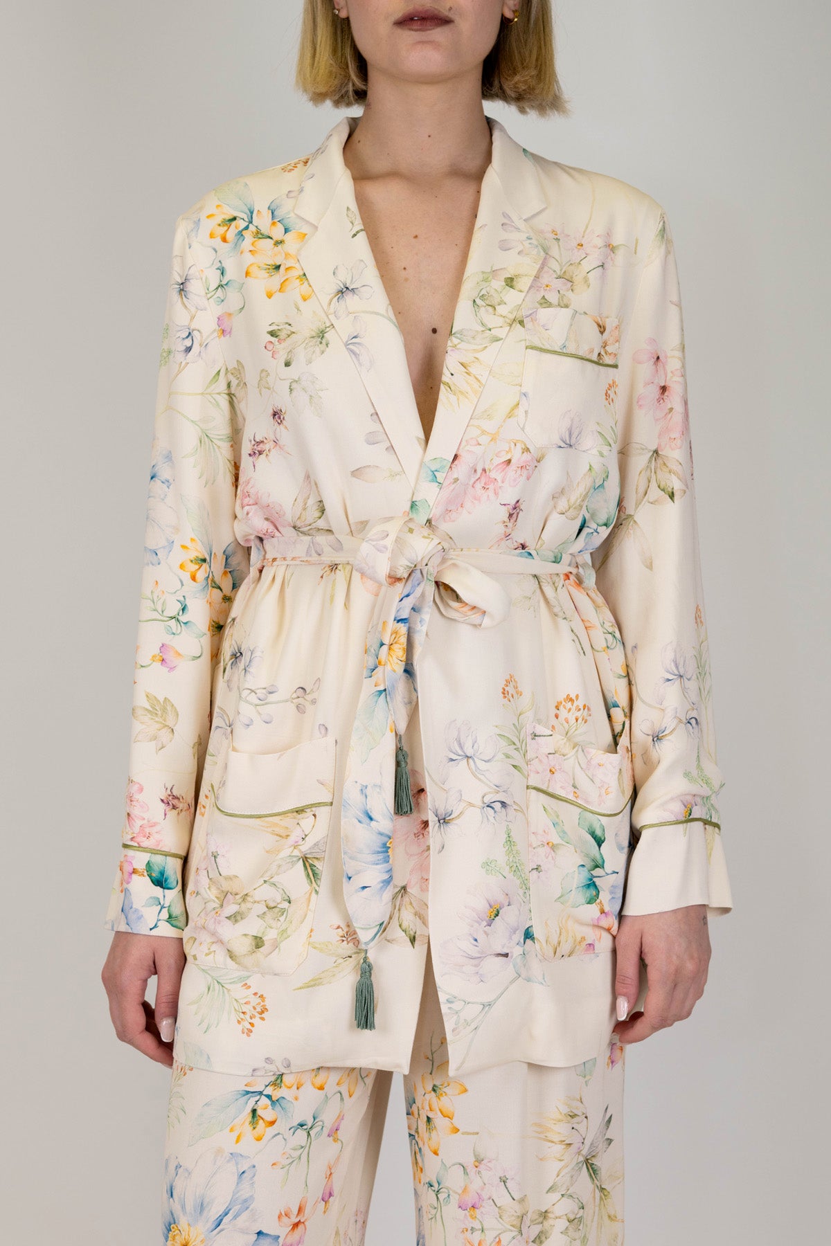 Dixie - Giacca fantasia floreale in viscosa con taschini e cintura in tessuto