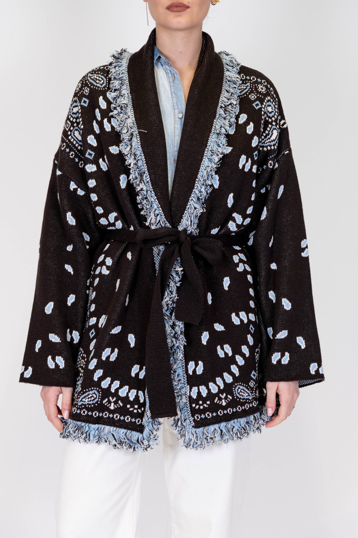 Tensione in - Cardigan fantasia astratta con cintura e profilo con frange