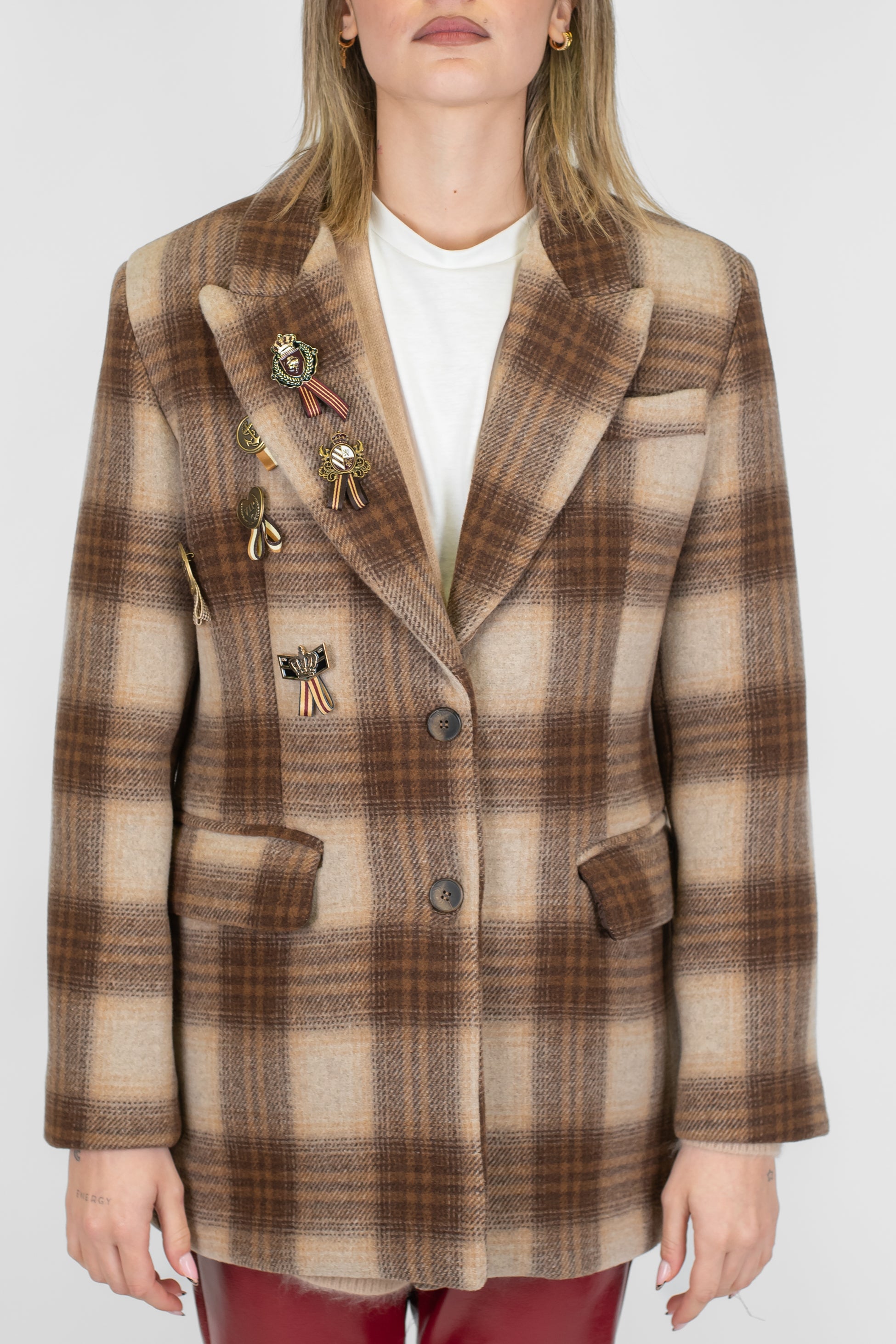 Motel - Giacca monopetto fantasia check in misto lana con spille
