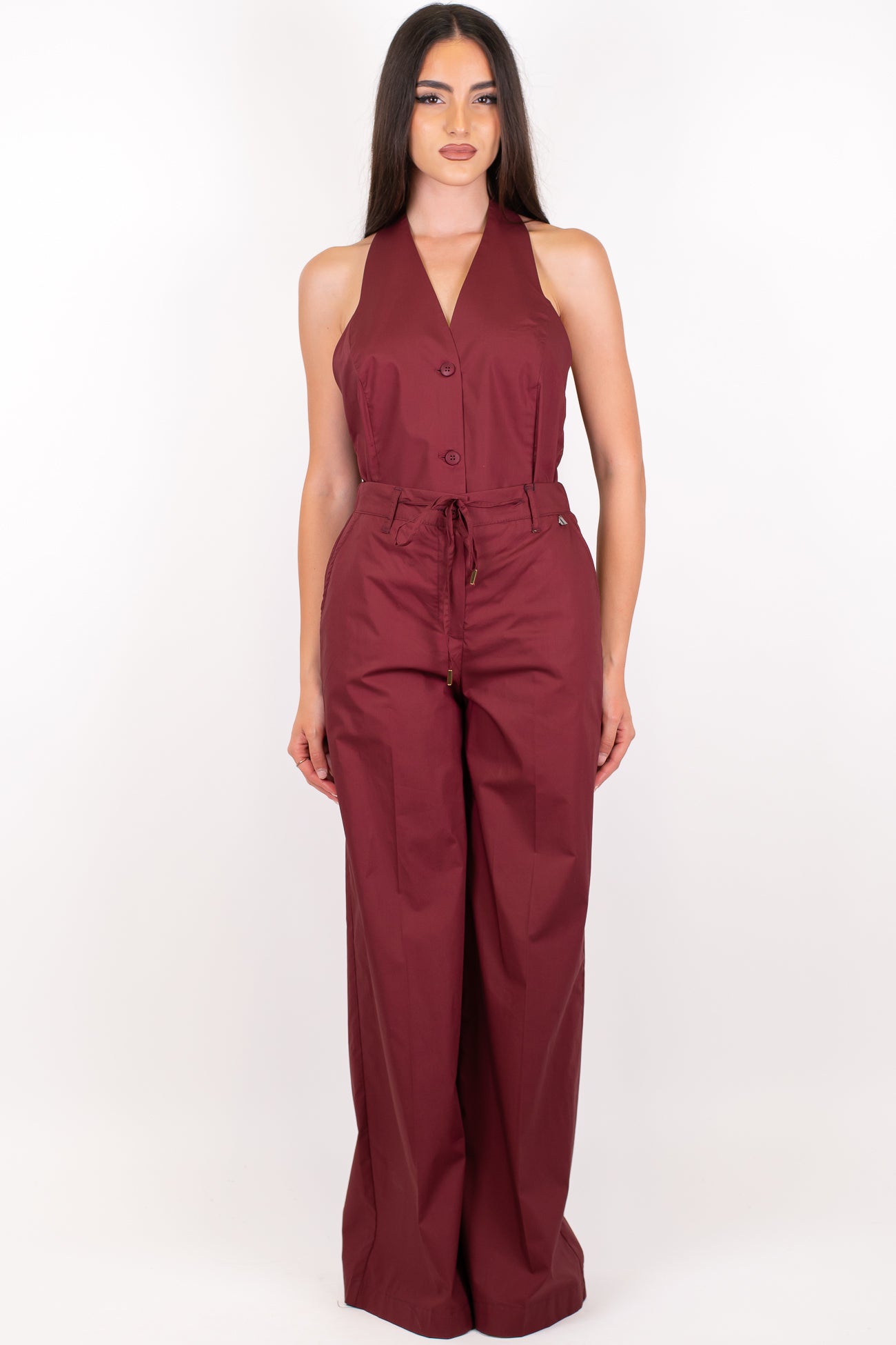 Dixie - Coordinato in cotone tela paracadute con top scollo americano e pantalone palazzo con elastico sul retro