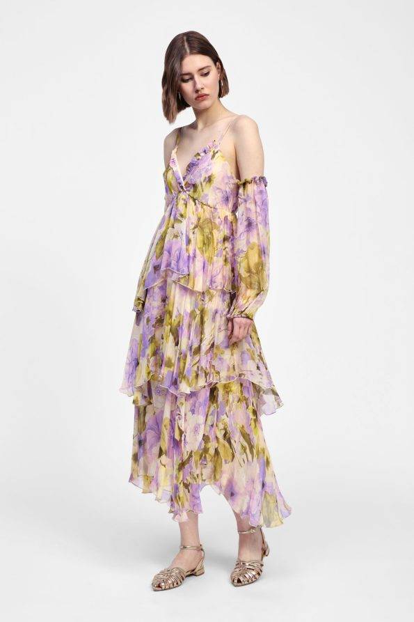 DIxie - Abito luingo a balza in misto seta con spalle scoperte