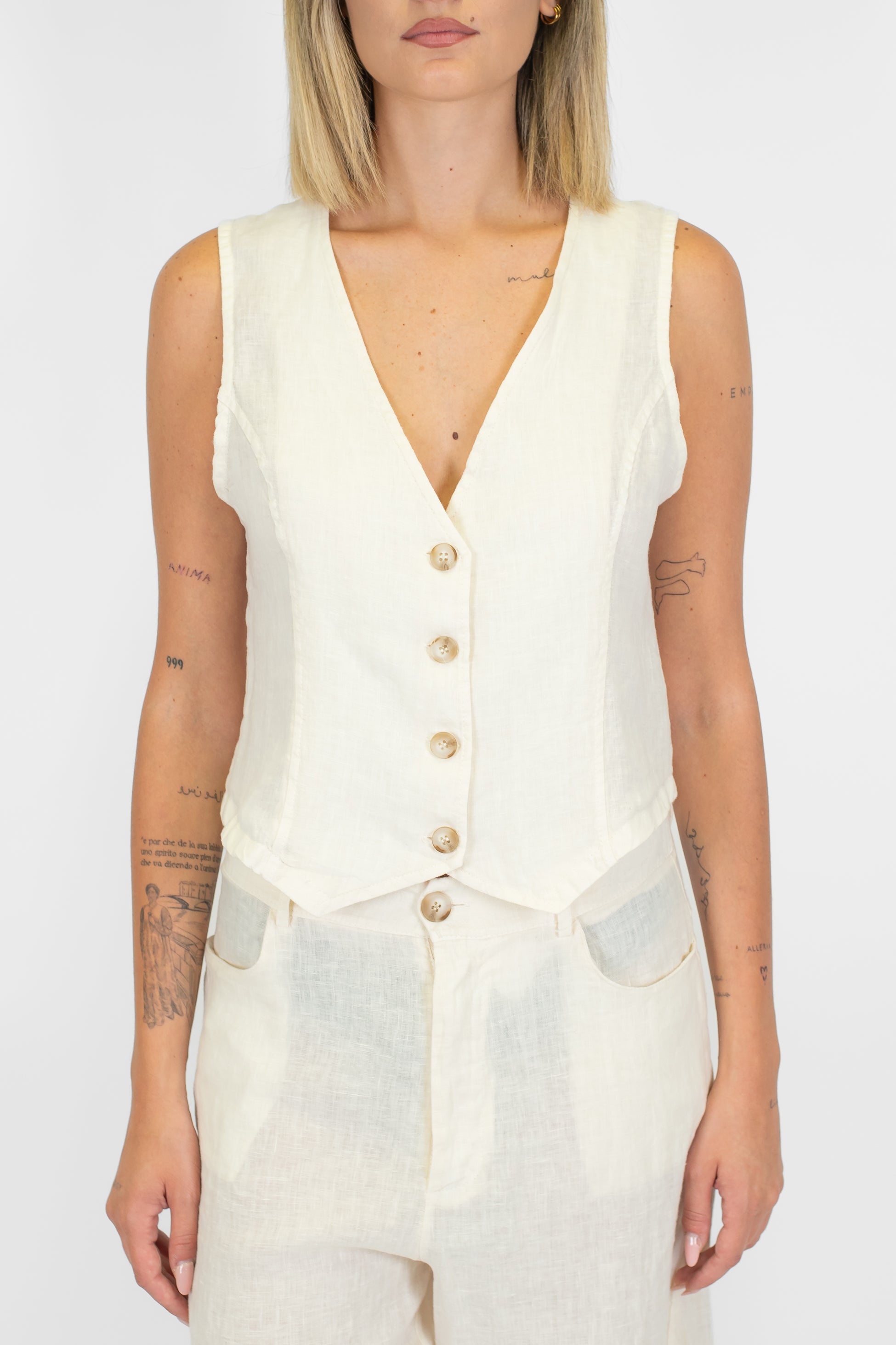 Haveone - Gilet in puro lino con chiusura a quattro bottoni