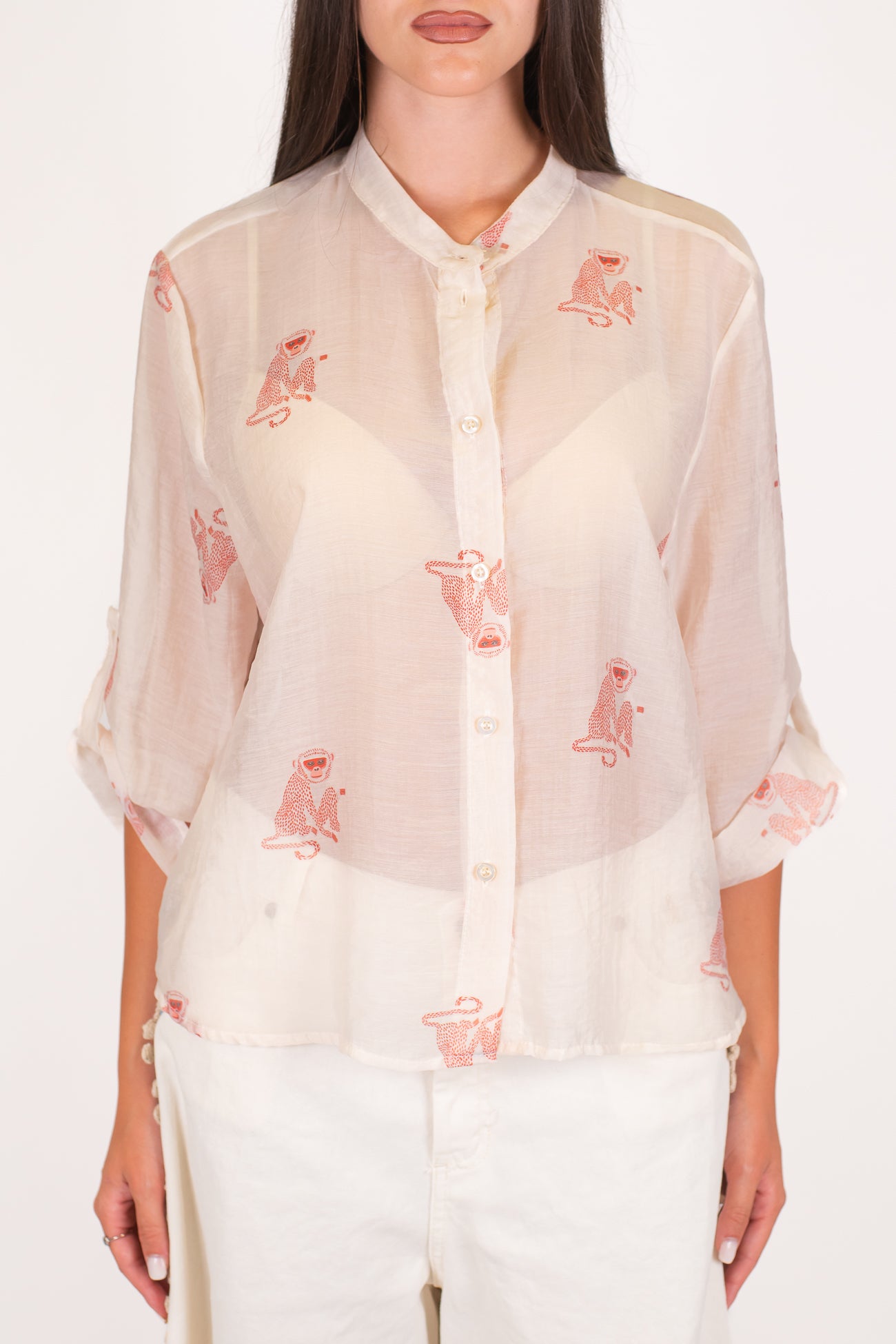 Haveone - Camicia fantasia scimmiette in lyocell con collo coreano