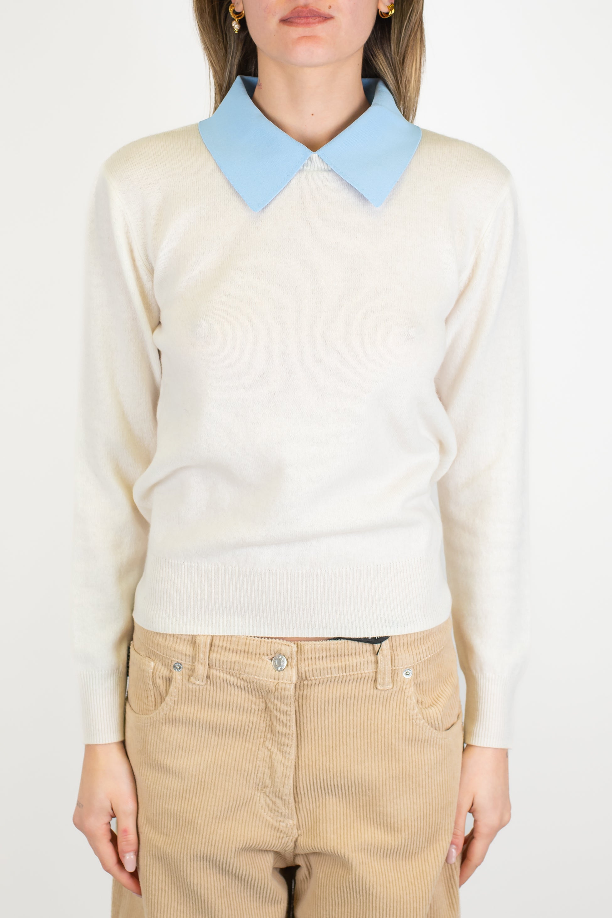 Motel - Maglia in pura lana con colletto camicia a contrasto