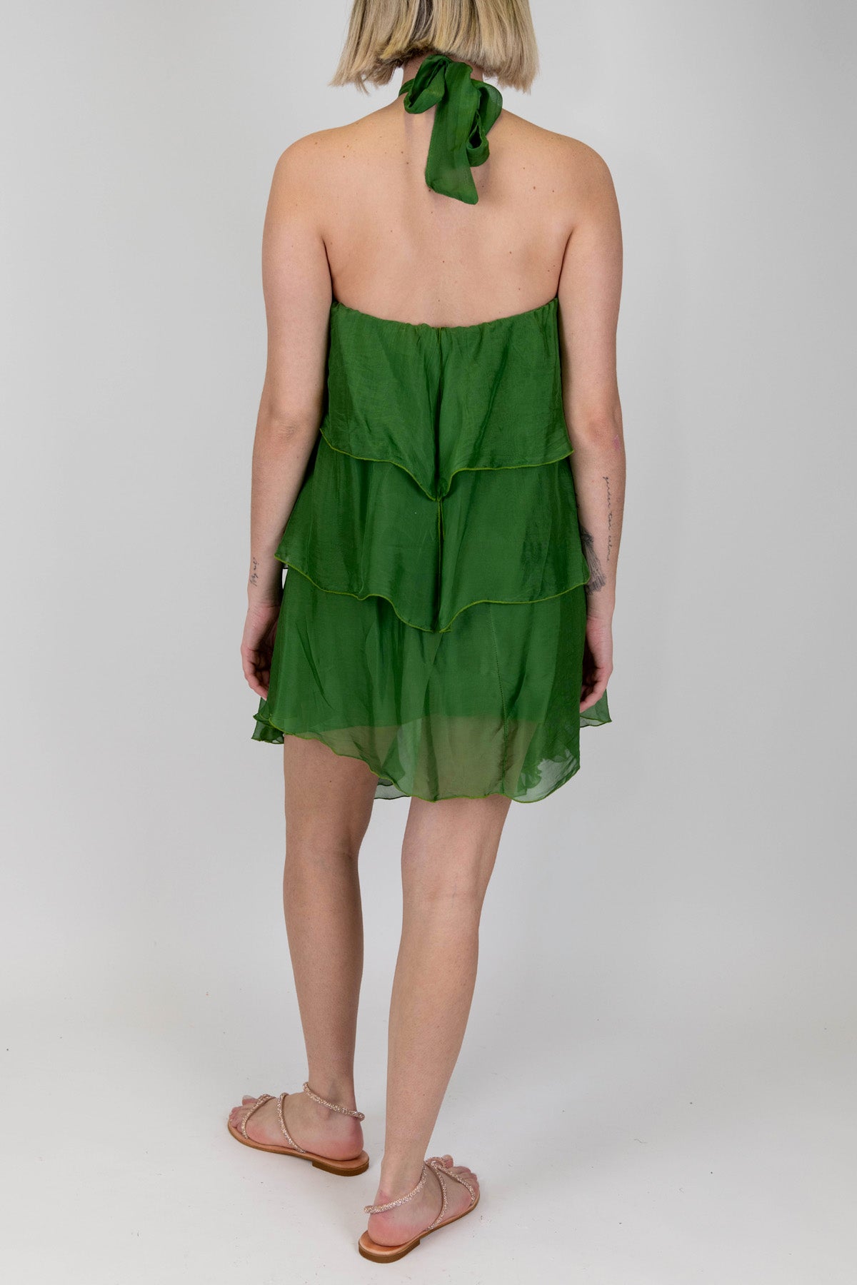 Haveone - Abito corto in misto seta con allaccio al collo e balze