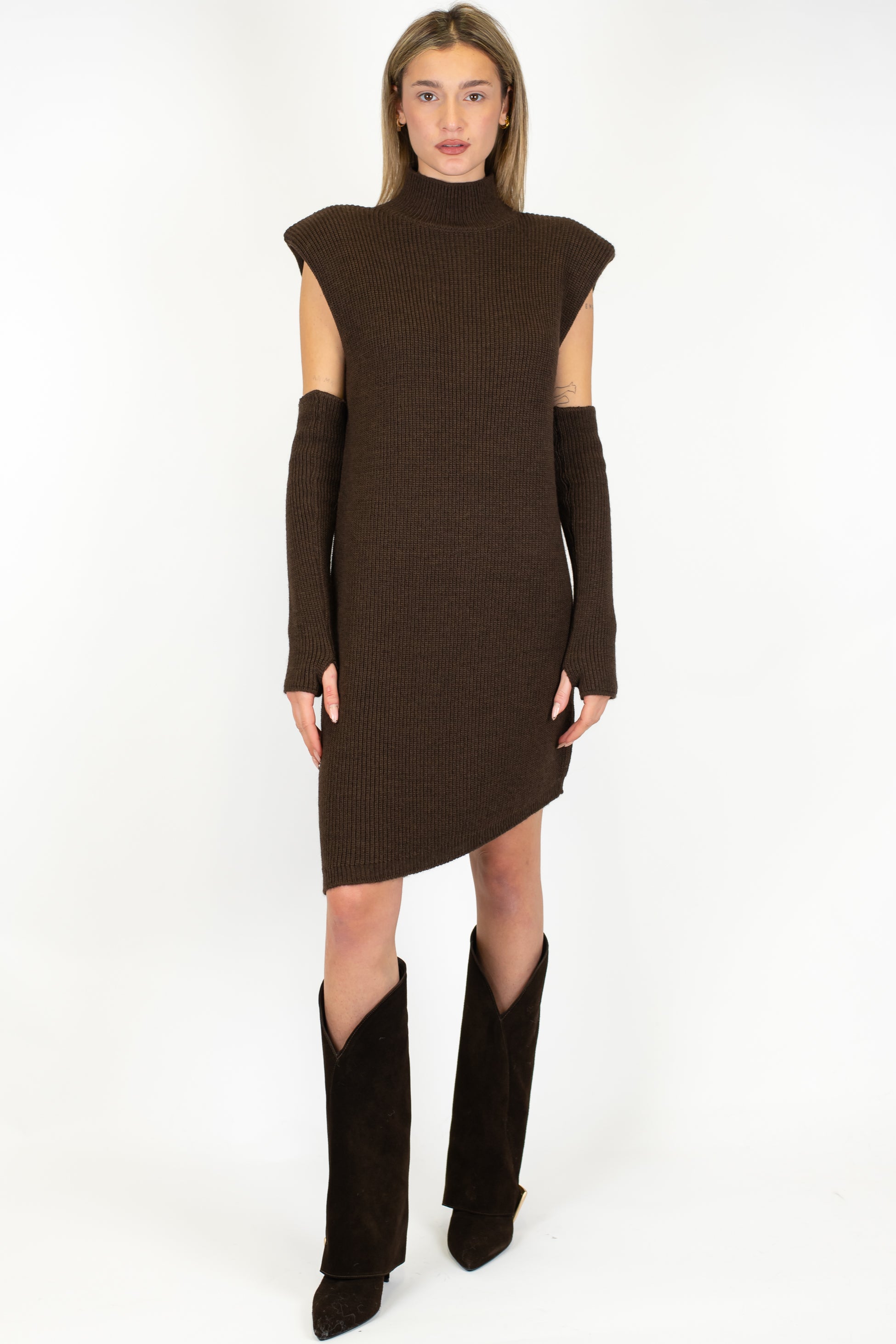 Dixie - Abito corto asimmetrico a coste in misto lana con spalline e manicotti