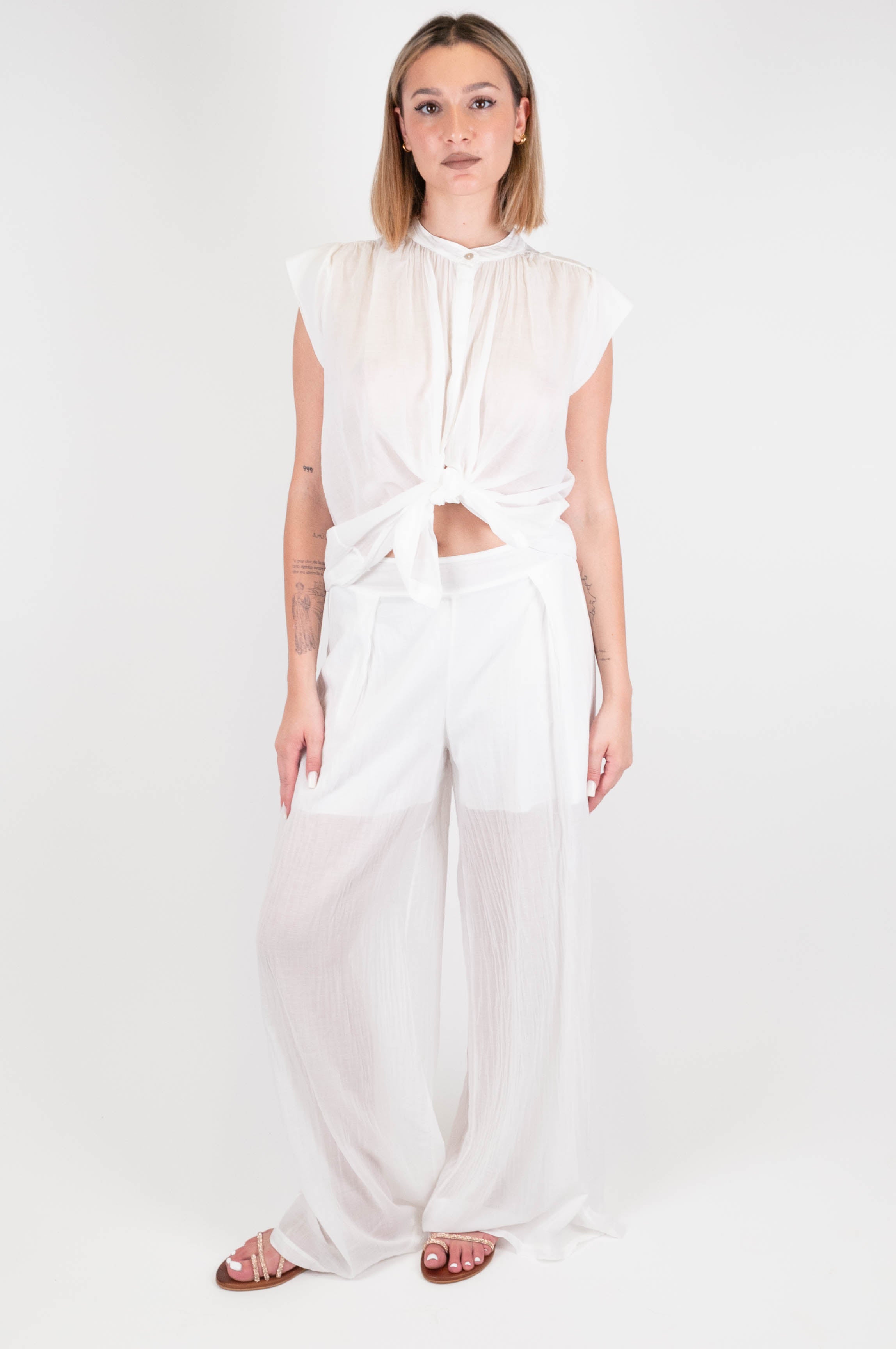 Maryley - Pantalone palazzo in mussola di cotone con fodera interna ed elastico in vita