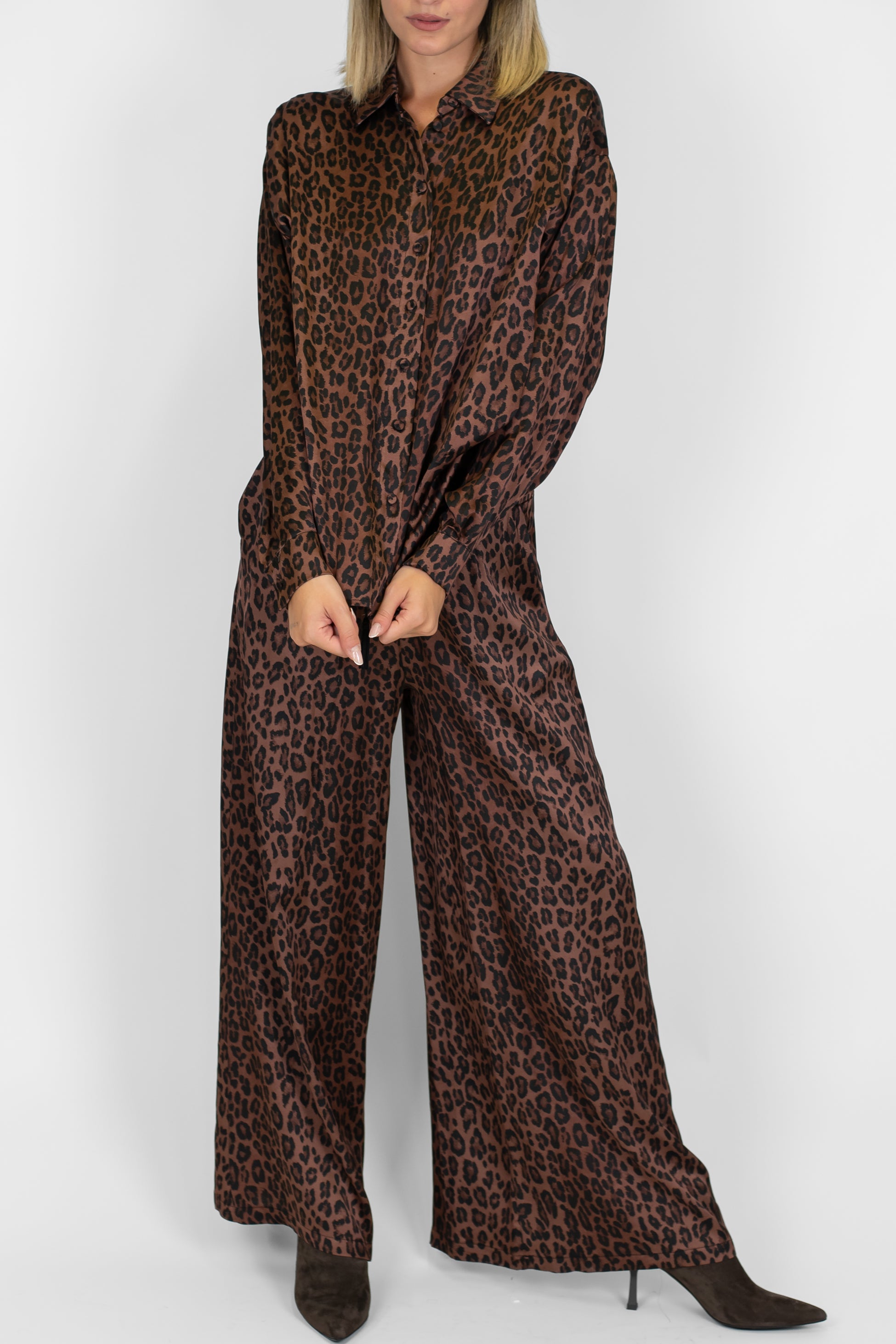 Motel - Pantalone palazzo fantasia animalier in viscosa con coulisse