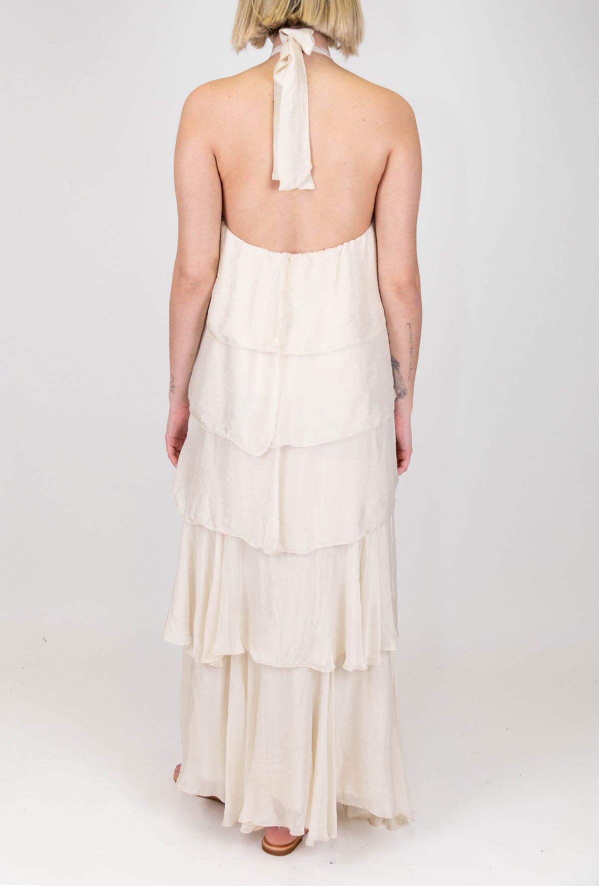 Haveone - Abito lungo in misto seta con allaccio al collo e balze