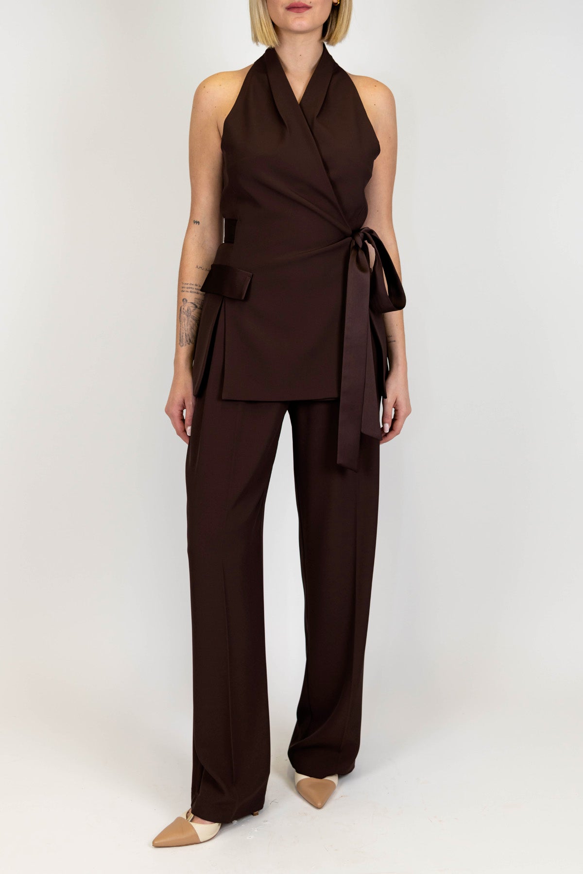 Imperial - Pantalone palazzo in tessuto fluido con pinces e profilo in raso