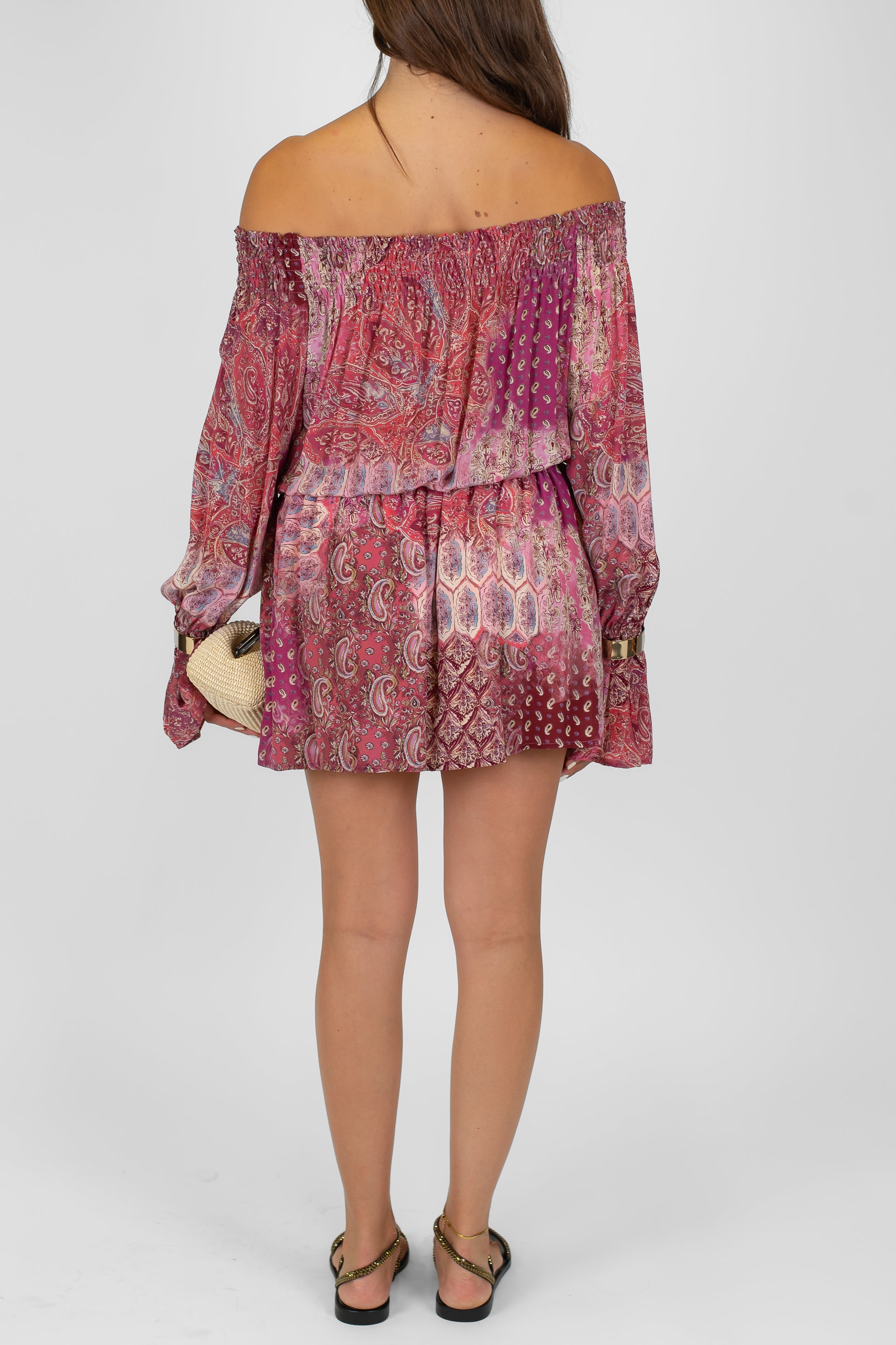 Motel - Abito corto multicolor in misto viscosa e lino con scollo shiffer con bracciali ai polsi