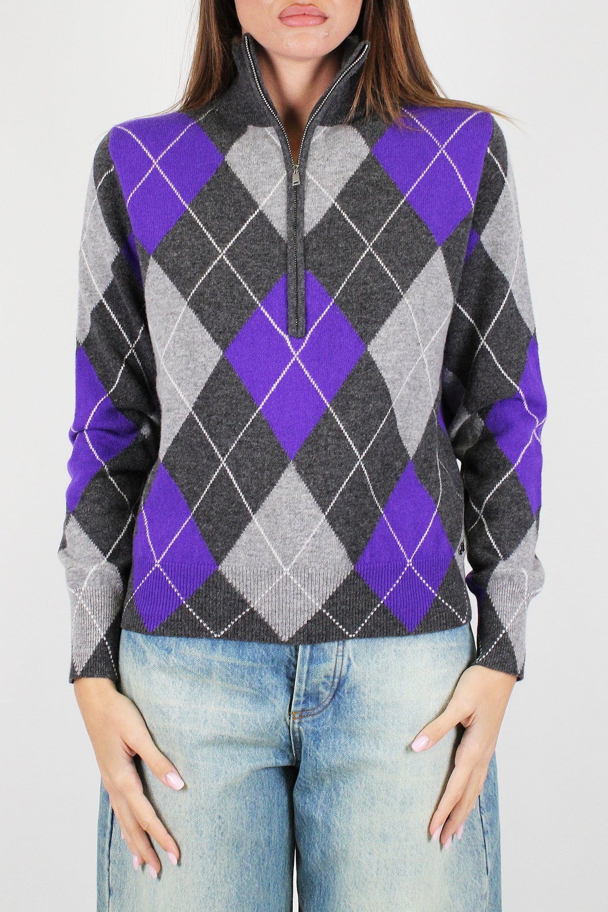 Dixie - Maglia polo zip 100% lana fantasia rombi