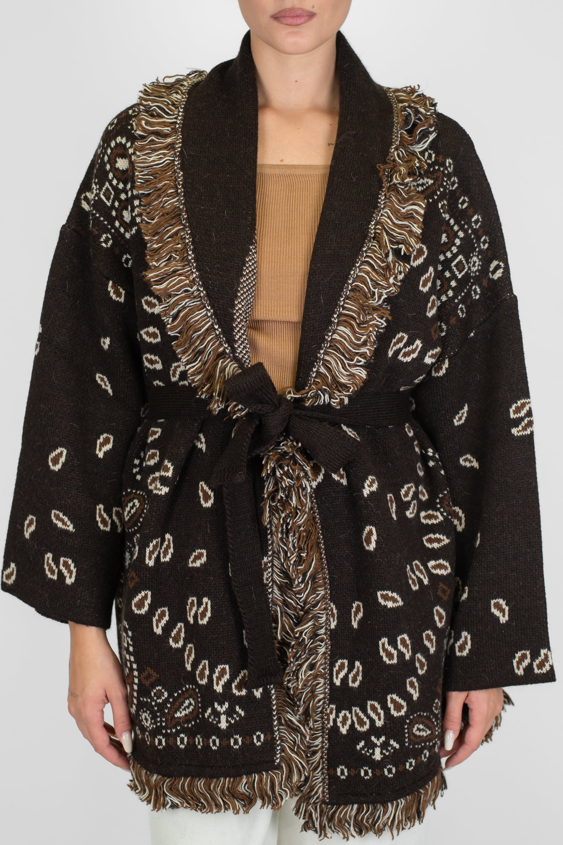 Tensione in - Cardigan in misto lana fantasia bandana con frange