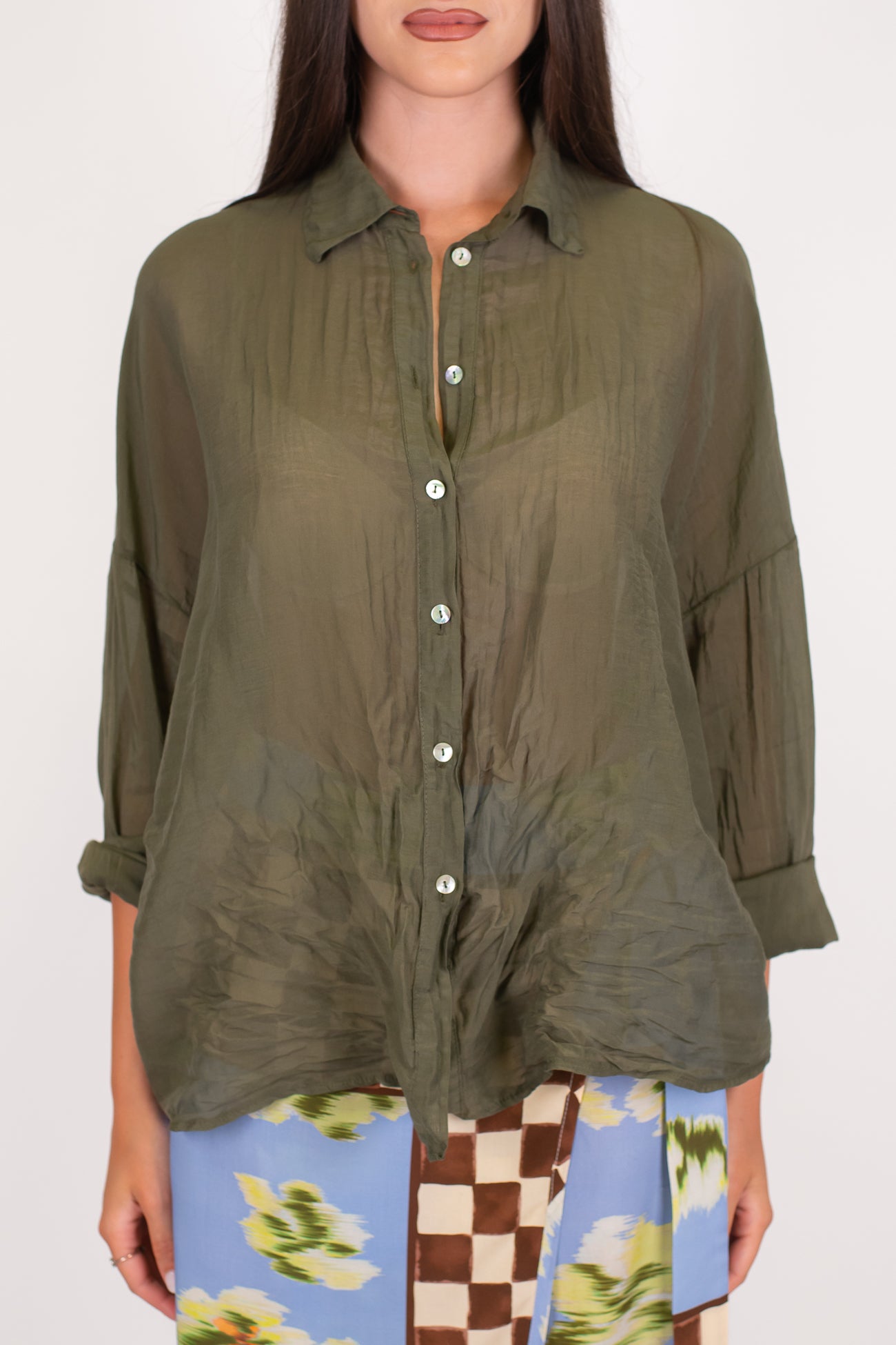 Motel - Camicia tinta unita in mussola di cotone e seta con strigliature