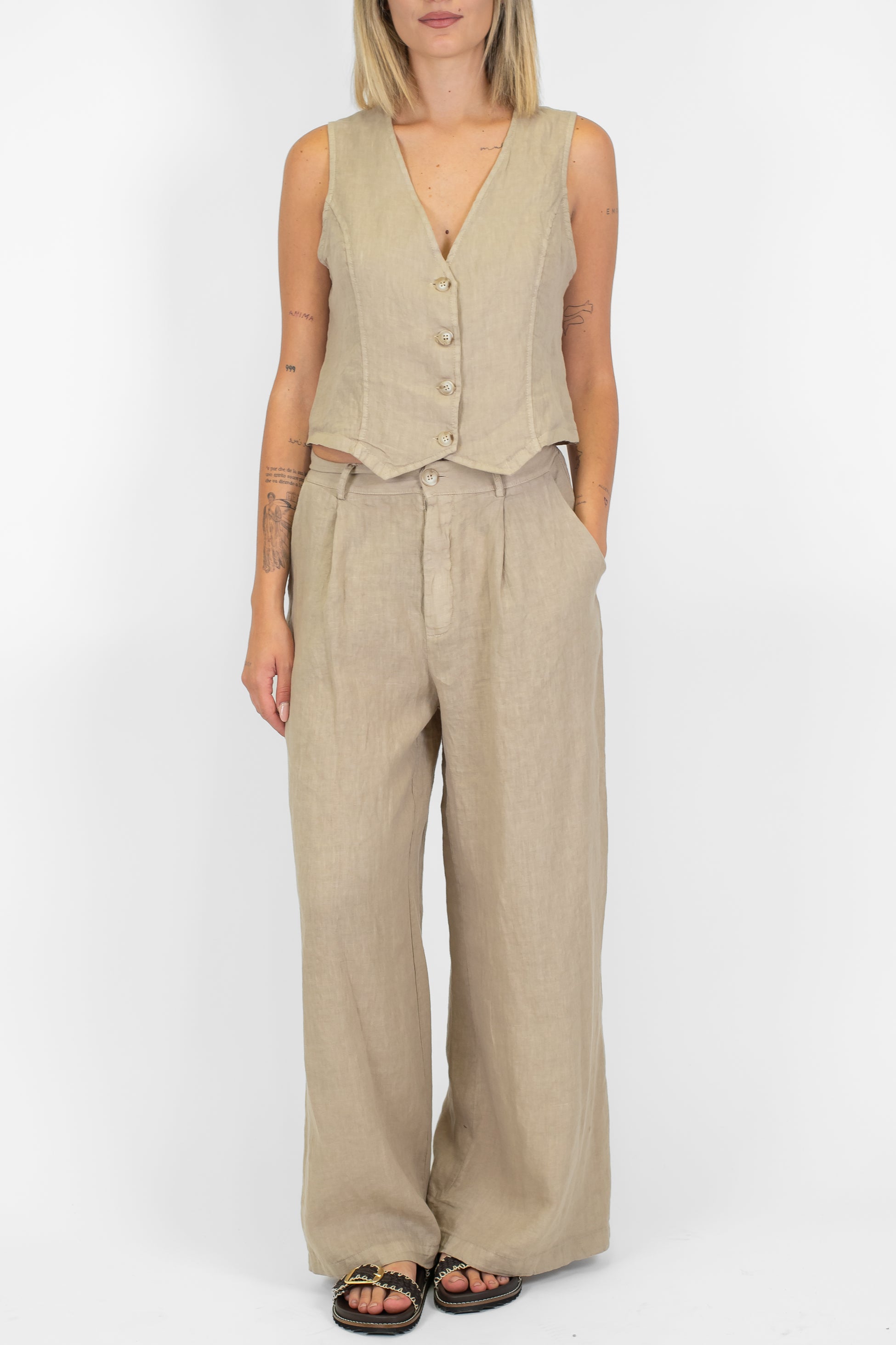 Haveone - Pantalone palazzo in puro lino con pinces ed elastico sul retro